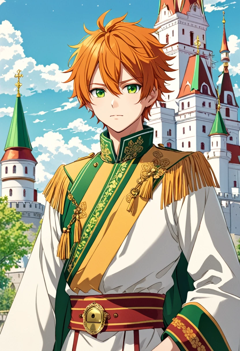 Anime boy (character: Akito Shinonome), orange messy hair, fringe reparted in three parts with a yellow lock of hair on the middle, light and bright green eyes, vintage royal Russian clothes, Russian castle background