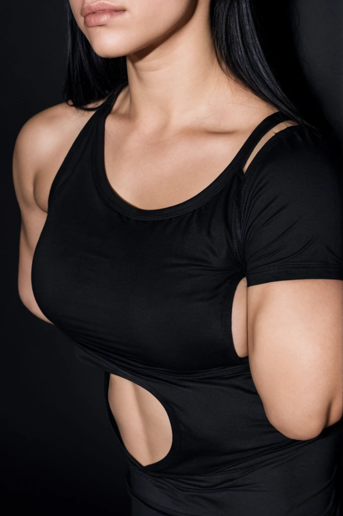closeup photo of woman wearing a fitted black compression shirt, plain matte black backdrop, soft directional lighting, even lighting, intense powerful mood