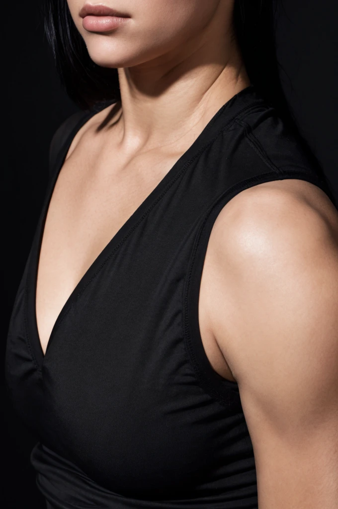 closeup photo of woman wearing a fitted black compression shirt, plain matte black backdrop, soft directional lighting, even lighting, intense powerful mood