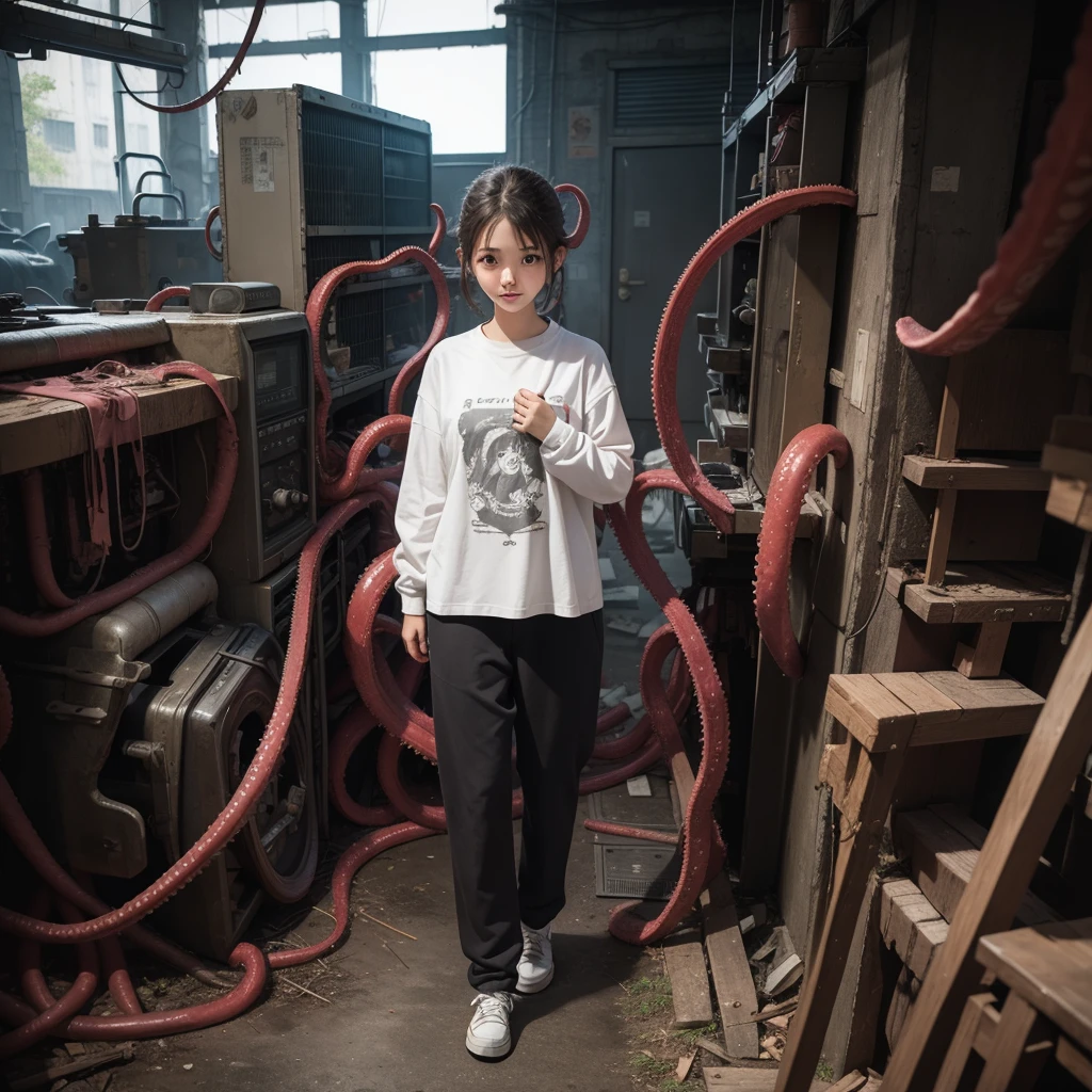 Girl captured by tentacles in abandoned factory　Tentacles in a skirt　Pants fabric texture　