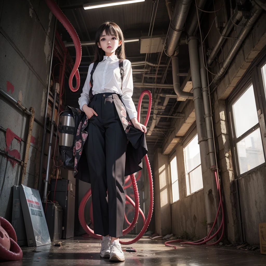 ８age、Girl captured by tentacles in abandoned factory、Tentacles in a skirt、Pants fabric texture、Cry