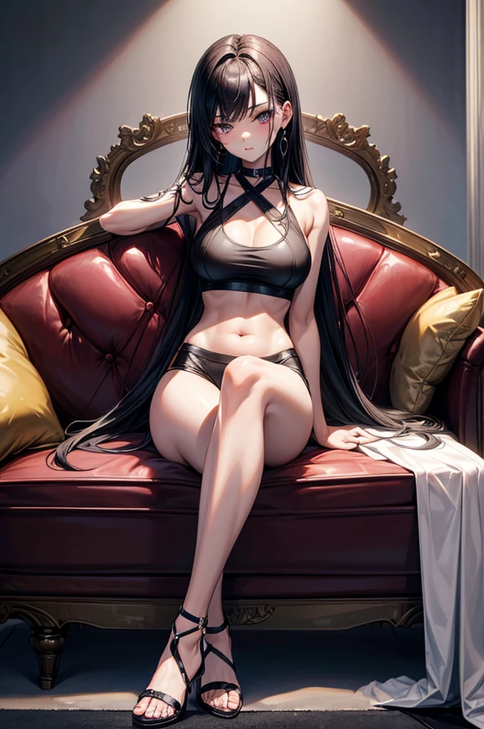 Masterpiece, hyper detailed, perfect anatomy, gleaming skin, 1sexy  medium boob size rich stray black haired girl, nude kneeling on her royal sofa shamelessly blushing, eyes blue , girl wearing, only small white pearl bra, golden earrings, pearl necklace, golden watch, naval piercing on her belly button, ring, black pair of low rise socks, morning time rainy weather, (real depiction of real female pussy), full body shot, arms down, very Pretty and young girl, slender body, small waist and ass. nude girl, girl wearing only small pearl white bra. Kneeling on her knes. Close legs. Gun pointing at viewer