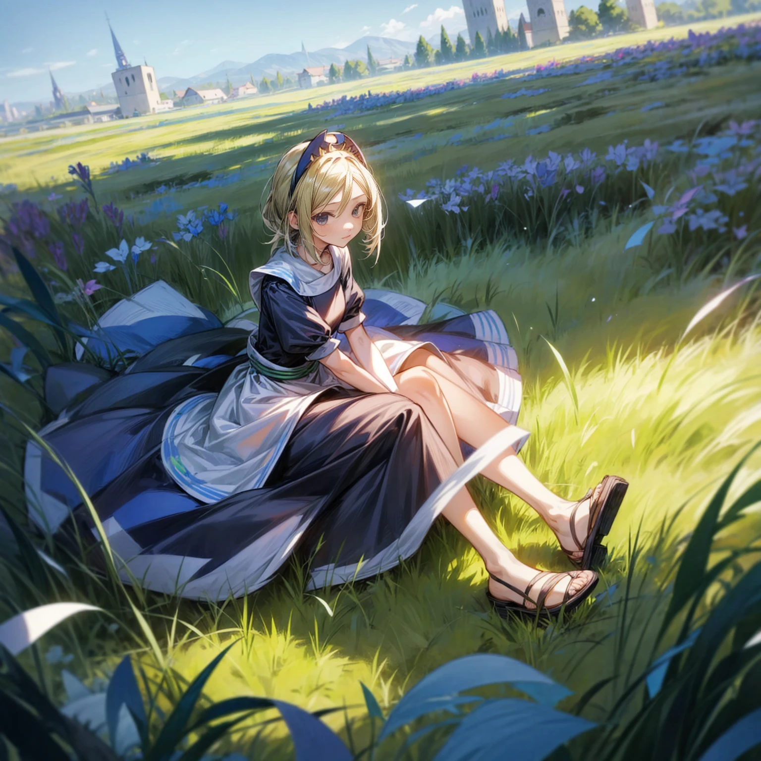1childern girl, Full body version, 1character, black eyes, long Frizzy haircut, blue colour hair, maid clothing, long dress clothing, headband, sandals, Grassroots, full background in field town, motion blur, lighting, (one piece art), sitting poses,