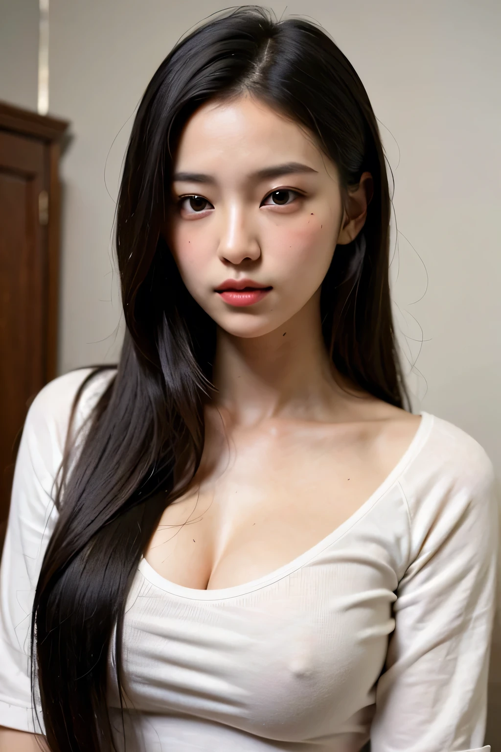 Amazing portrait of a sexy and cute woman with a beautiful face with black brown long straight hair and weak eyes while blushing intensely and her lips are parted being ready to kiss wearing a long oversized white shirt