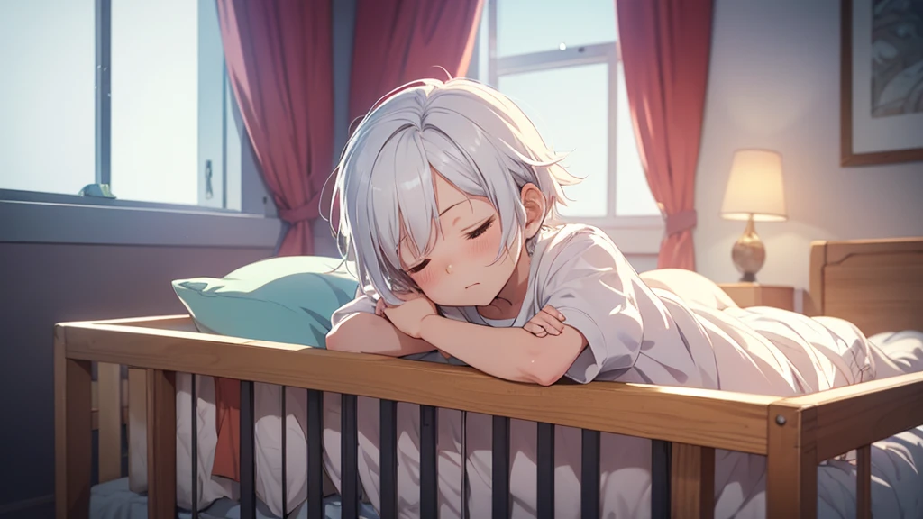 An anime image of a small boy with white hair wearing a poofy diaper, sleeping in a crib, 1boy, adorable,extremely detailed,soft lighting,pastel colors,cinematic lighting,masterpiece,high quality,,intricate details,peaceful expression,soft textures,cozy atmosphere,