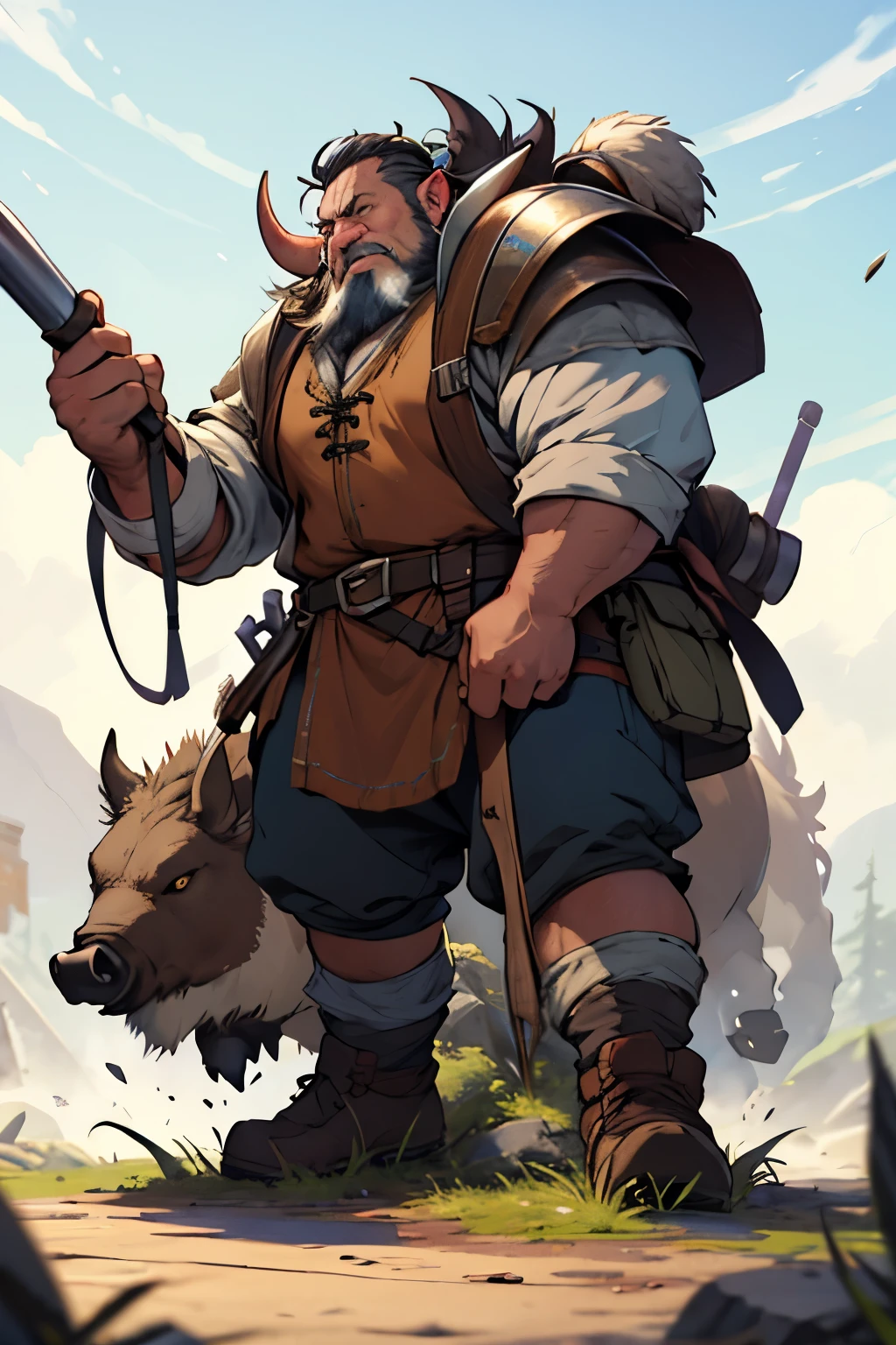 Dwarf,on an iron boar,with a hammer in hand  