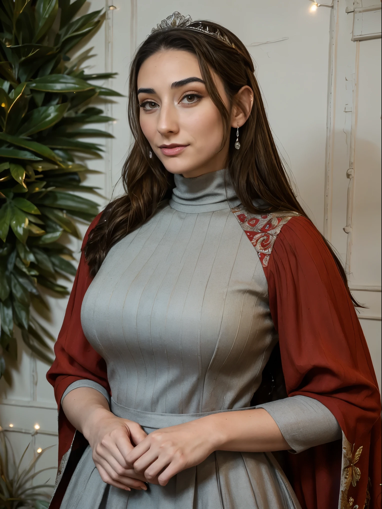 Beautiful and regal, imperious and aloof, busty athletic (thin) brunette queen with sharp facial features wearing a modest updo, dark red medieval dress, long sleeves, intricate patterns, scrollwork, wide neck, crown, veil, long dress, modest dress, tight bodice, (silver waist chain), medieval jewelry, Middle Ages, castle, rampart, wall, exterior, on top of a castle wall, trees, countryside, evening.