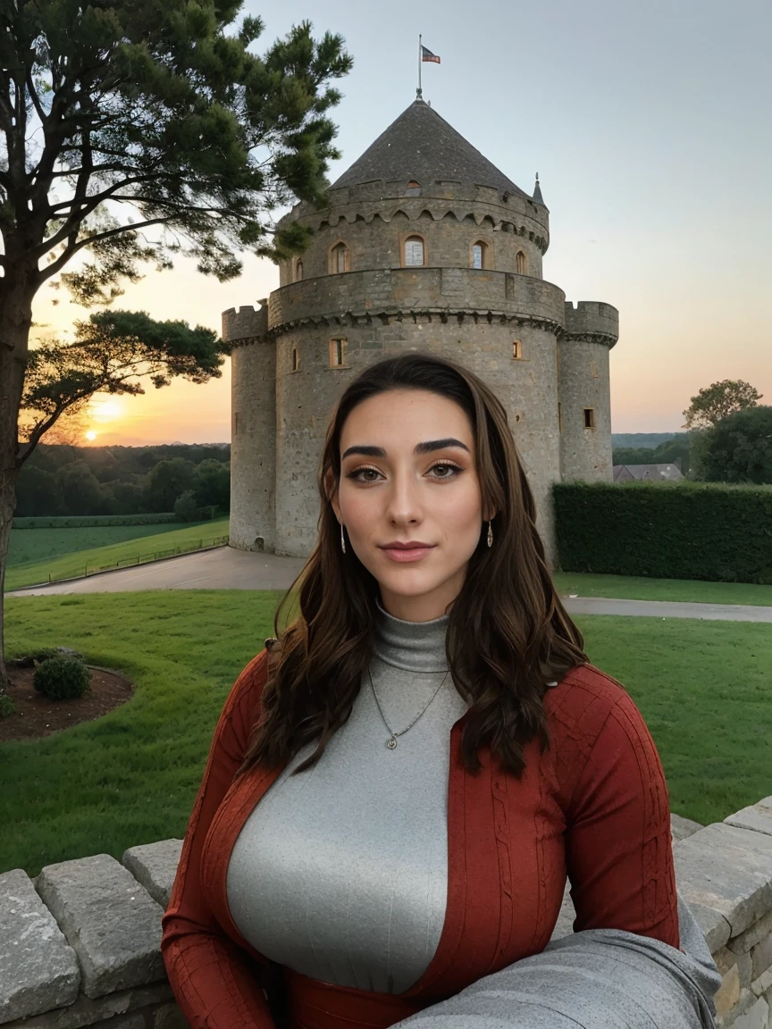 Beautiful and regal, imperious and aloof, busty athletic (thin) brunette queen with sharp facial features wearing a modest updo, dark red medieval dress, long sleeves, intricate patterns, scrollwork, wide neck, crown, veil, long dress, modest dress, tight bodice, (silver waist chain), medieval jewelry, Middle Ages, castle, rampart, wall, exterior, on top of a castle wall, trees, countryside, evening.
