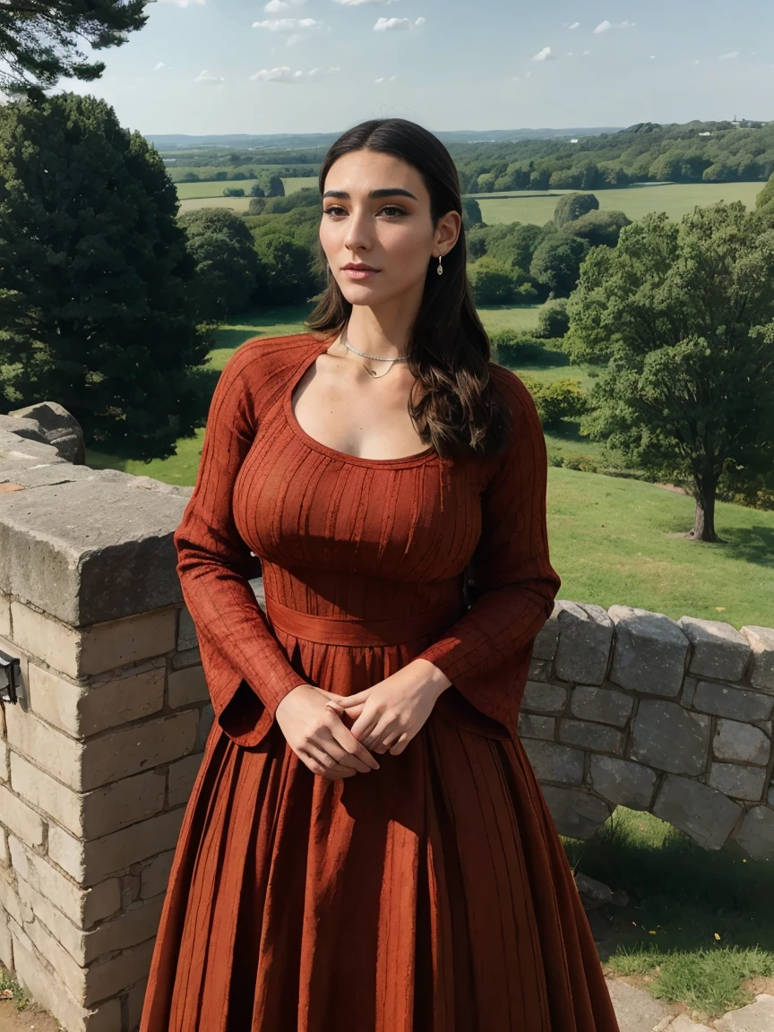 Beautiful and regal, imperious and aloof, busty athletic (thin) brunette queen with sharp facial features wearing a modest updo, dark red medieval dress, long sleeves, intricate patterns, scrollwork, wide neck, crown, veil, long dress, modest dress, tight bodice, (silver waist chain), medieval jewelry, Middle Ages, castle, rampart, wall, exterior, on top of a castle wall, trees, countryside, evening.
