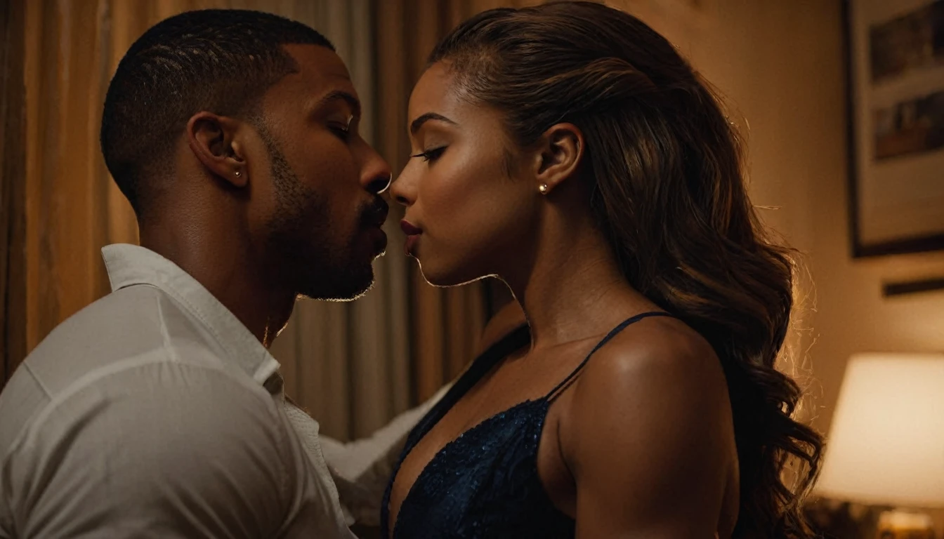 Caucasian actress Erin Cummings and a handsome African American male whose facial features are a combo of Charles Michael Davis + Isaiah Mustafa + Christian Keyes share a steamy kiss inside a bedroom lit only by candlelight. Erin has lovely makeup on her face. Nighttime. Romantic ambiance. Symmetrical eyes. Symmetrical faces. Lovely details. Photorealistic. Full-colored photo. Professional photo. Highly detailed 8K.