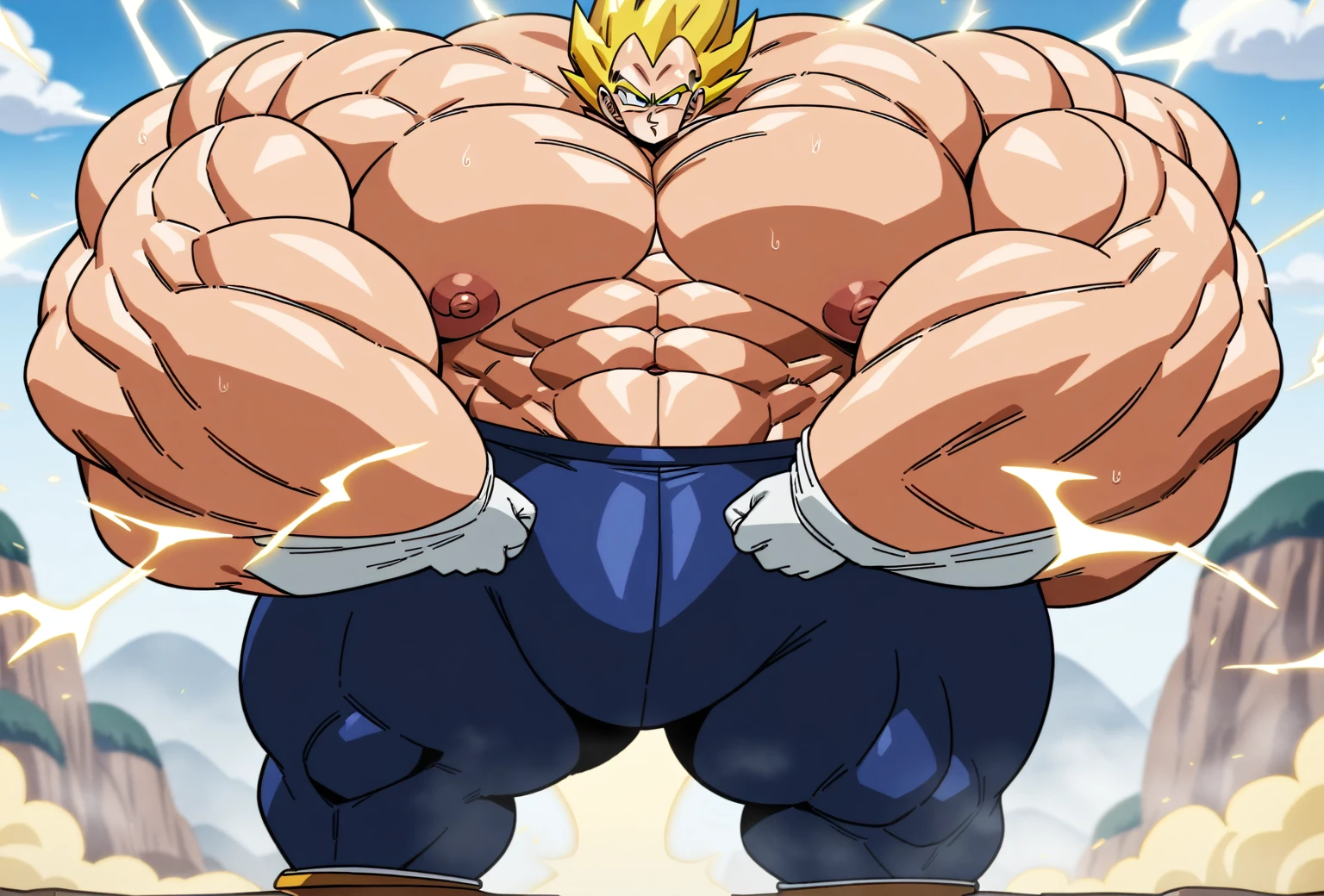 1boy, Vegeta, from Dragon Ball Z, masterpiece, best quality, very aesthetic, absurdres, saiyan, green eyes, spiked hair, (yellow hair:1.5), shirtless, blue skintight pants, white gloves, (huge muscles:2.5), dragonballartstyle, in the style of Akira Toriyama, white tiled floor, outdoors, flat-top mountains, nipples, yellow aura, white gloves, fists squeezed, electricity