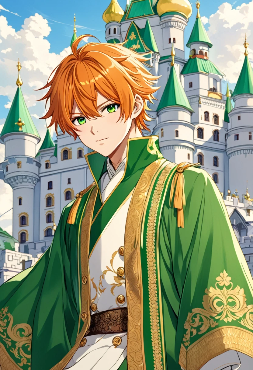 Anime boy (character: Akito Shinonome), orange messy hair, fringe reparted in three parts with a yellow lock of hair on the middle, light and bright green eyes, vintage royal Russian clothes, Russian castle background