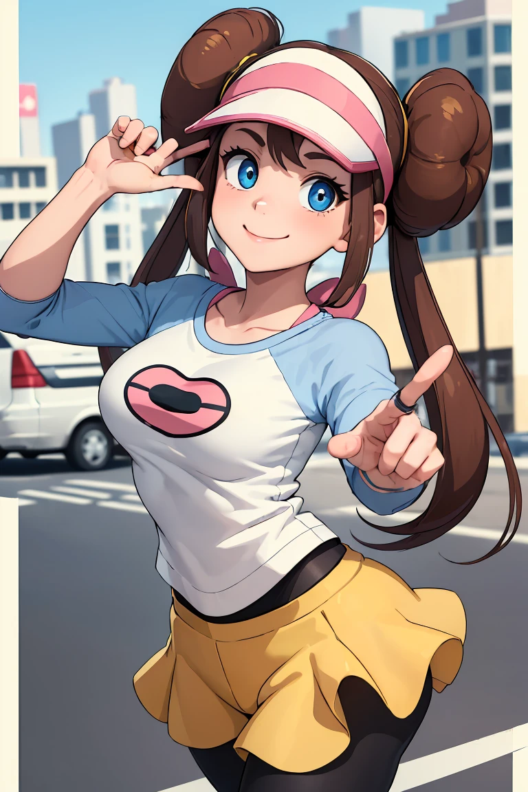 ((masterpiece,best quality)), absurdres, ro1, hair bun, blue eyes, twintails, visor cap, pantyhose, raglan sleeves, yellow shorts, shirt, pink bow, wristwatch,
solo, smiling, looking at viewer, cowboy shot, cinematic composition, dynamic pose, modern city, city street,