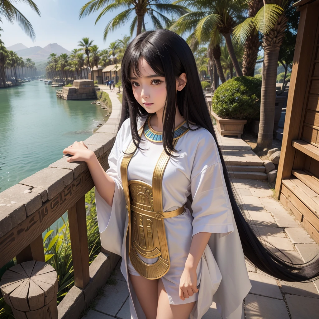 An Egyptian princess with an aquatic appearance, vestindo uma fantasia em tons de azul e verde, adorned with pearls and coral. Her black hair is long and loose, with seashells intertwined. She is standing on the bank of the Nile River, watching the water flow with grace and ease.