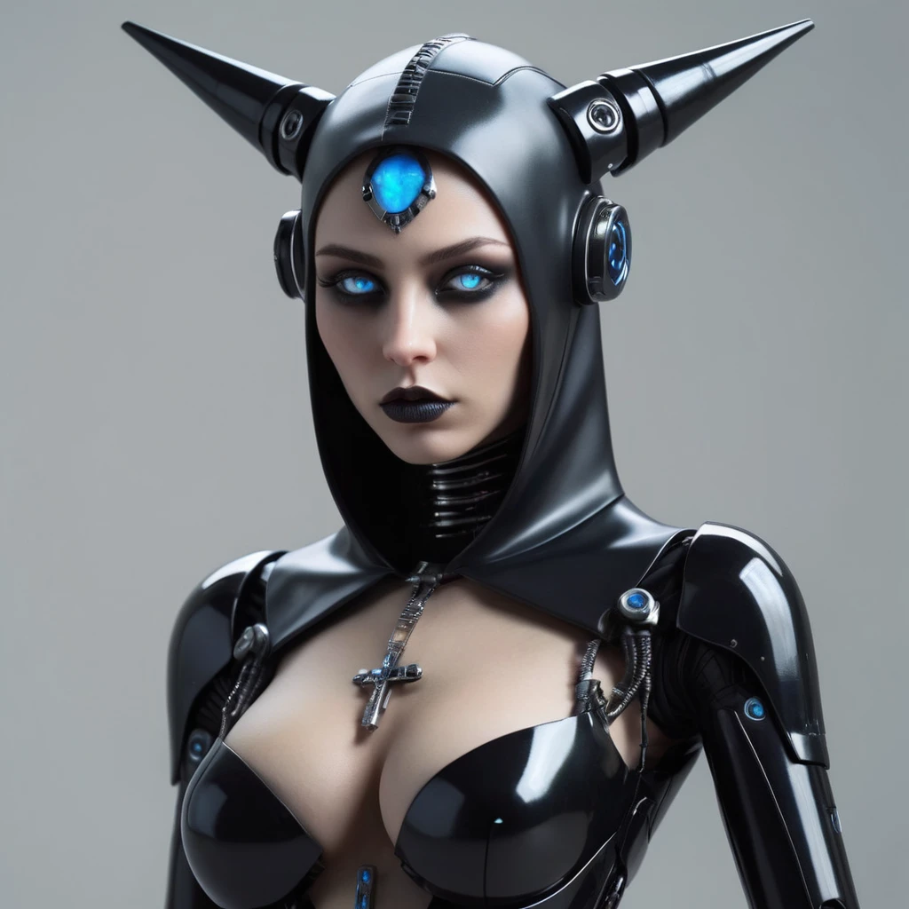 ral-opal, meahophontron, Whole body, Beautiful woman robot face, blue eyes, cyberpunk, devil nun, negro, looking to the camera, nun body clothing, primer plano looking to the camera, realist, Beautiful woman, Cara sexy, black clothes, Gray and blue, blue heels.