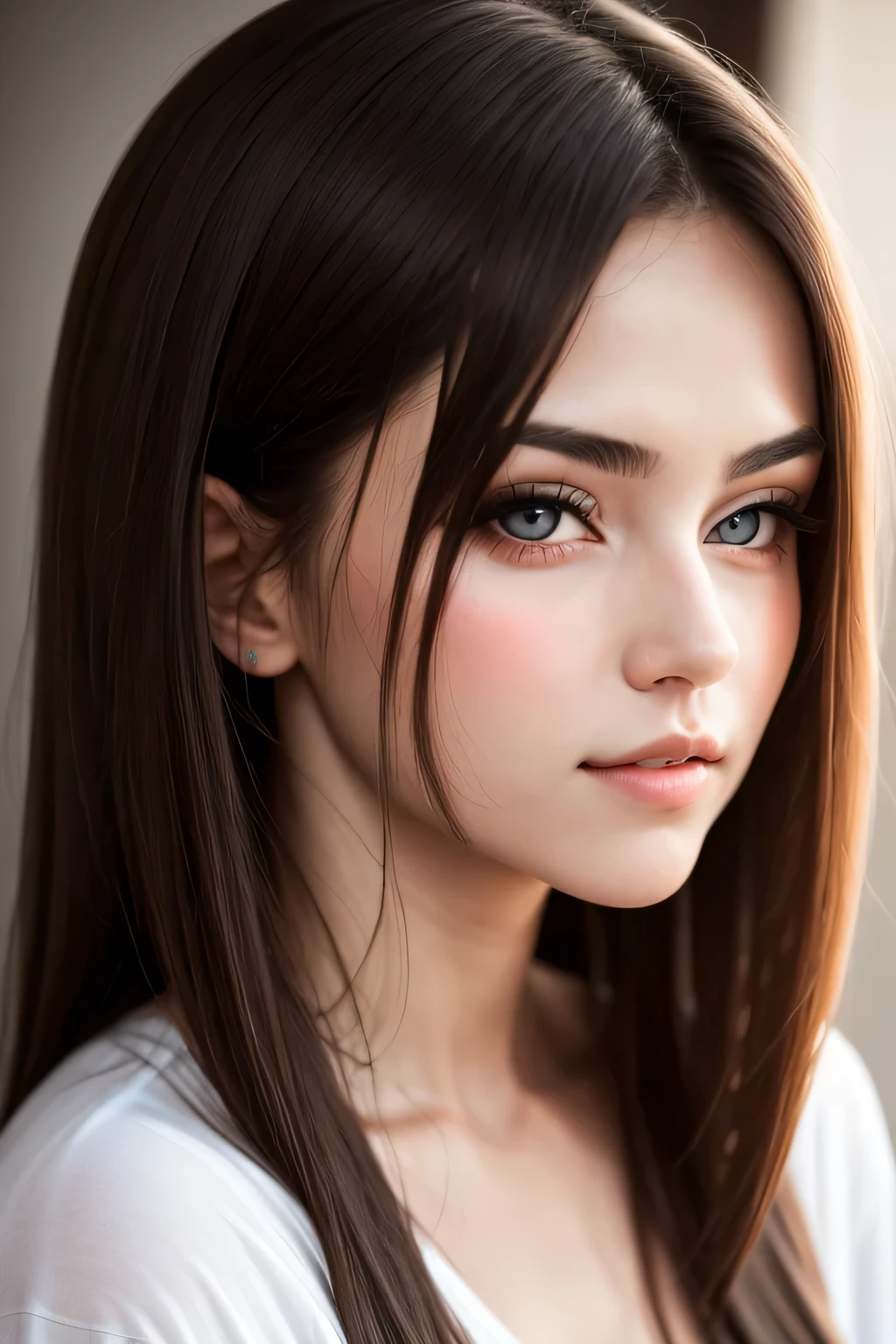 Amazing portrait of a sexy and cute woman with a beautiful face with black brown long straight hair and weak eyes while blushing intensely and her lips are parted being ready to kiss wearing a long oversized white shirt