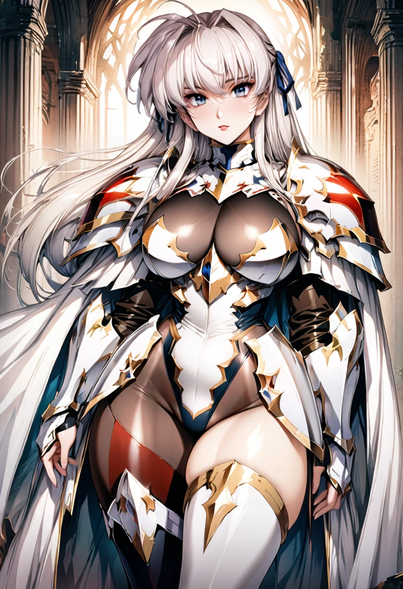 ((highest quality)), ((masterpiece)), ((hyperrealistic)), (detailed background), 1girl, ((curvy: 1.2)), perfect face, Langrisser, makeup, holding weapon, ((Combat leotard: 1.5)), ((catsuit)), ((white paladin armor: 1.3)), ((long skirt)), (cloak de cour), gauntlet, gloves, silver straight hair, ahoge, hair ribbon, (huge breasts), (see-through cleavage cutout), (pantyhose thigh), (zettai ryouiki armored thigh high boots), beautiful eyes, Perfect hands, perfect fingers,