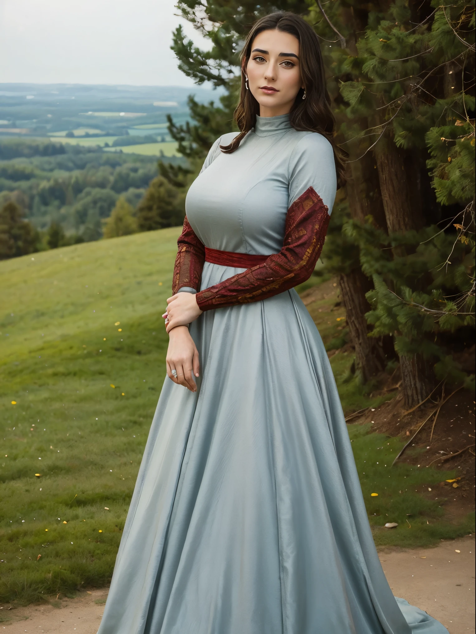 Gorgeous and sultry busty athletic (thin) brunette queen with sharp facial features wearing a modest updo, dark red medieval dress, long sleeves, intricate patterns, scrollwork, wide neck, crown, veil, long dress, modest dress, tight bodice, (silver waist chain), medieval jewelry, Middle Ages, castle, rampart, wall, exterior, on top of a castle wall, trees, countryside, evening.