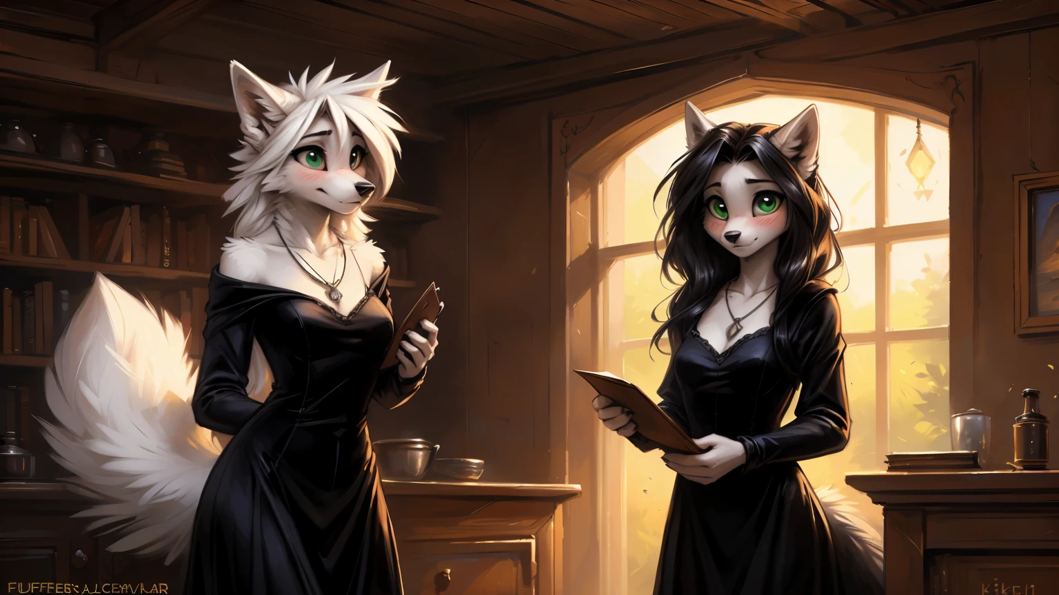 ((( white wolf ))), ((female)) sexy, uploaded to E621, beautiful and professional detailed of a anthropomorphic white wolf, ((A long, black velvet dress with thoughtfully tattered details and a necklace inscribed with an "M")) (( Morticia Addams )) (( Addams family house)), uploaded to E621, ((by fluff-kevlar, by Zackary911, by Kenket, by Kilinah, by fluff-kevlar)), detailed large green eyes, medium breast, large fluffy tail, slim toned body, ager ((18years)), ((big eyes)) solo, alarmed, surprised, skinny, extremely shy, (( embarrassed blush, front view))