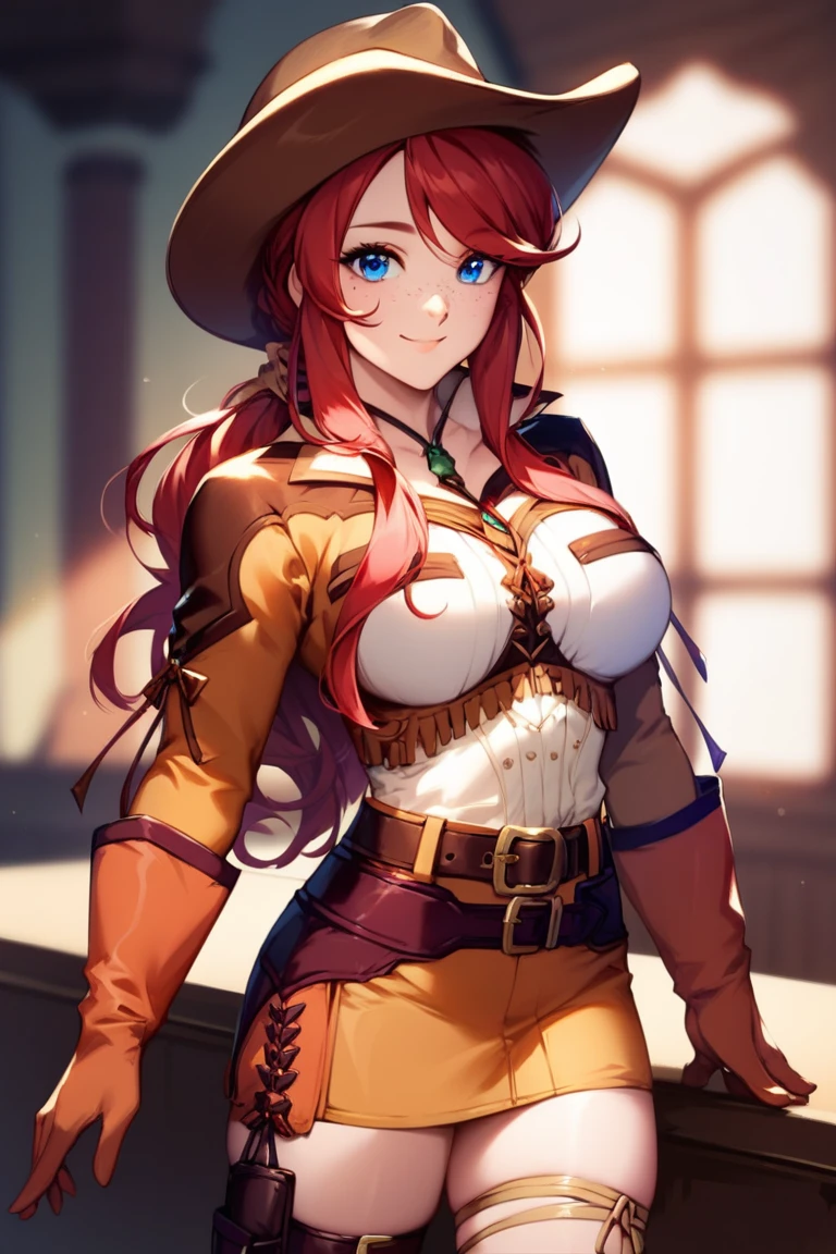 score_9, score_8_up, score_7_up, very aesthetic, source_anime, detailed, high quality, beautiful, masterpiece, detailed eyes,
Indoors, blurry background,
cowboy shot, upper body, smile, mouth closed,
gemini sunrise, red hair, long hair, blue eyes, freckles, sidelocks, big breasts,
belt, thigh strap, cowboy hat, cowboy boots, fringe trim, gloves, miniskirt, long sleeves,, zPDXL