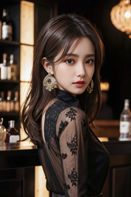 masterpiece, highest quality, Realistic, Very detailed, Finer details, High resolution, 8k wallpaper, One beautiful woman, Wear a black see-through shirt, A great bar counter, At night, Light brown messy hair, Perfect dynamic composition, Beautiful and beautiful eyes、Big earrings、Back view、