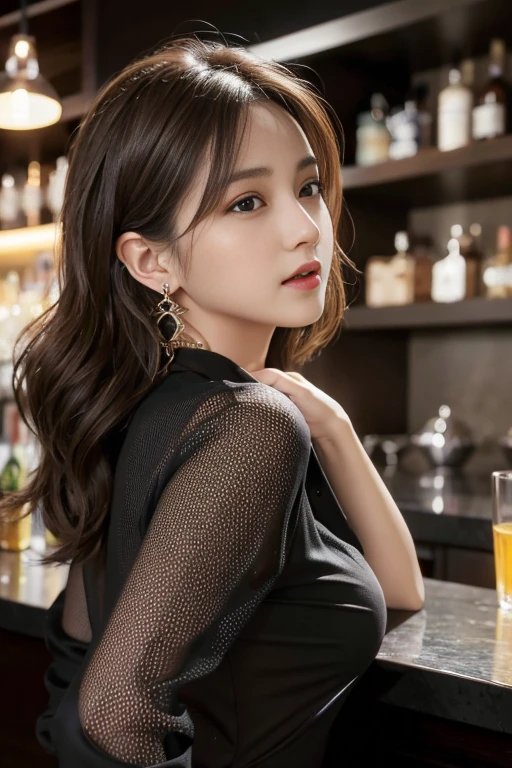 masterpiece, highest quality, Realistic, Very detailed, Finer details, High resolution, 8k wallpaper, One beautiful woman, Wear a black see-through shirt, A great bar counter, At night, Light brown messy hair, Perfect dynamic composition, Beautiful and beautiful eyes、Big earrings、Back view、