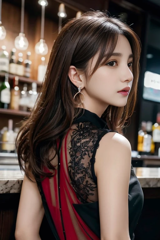 masterpiece, highest quality, Realistic, Very detailed, Finer details, High resolution, 8k wallpaper, One beautiful woman, Wear a black see-through shirt, A great bar counter, At night, Light brown messy hair, Perfect dynamic composition, Beautiful and beautiful eyes、Big earrings、Back view、