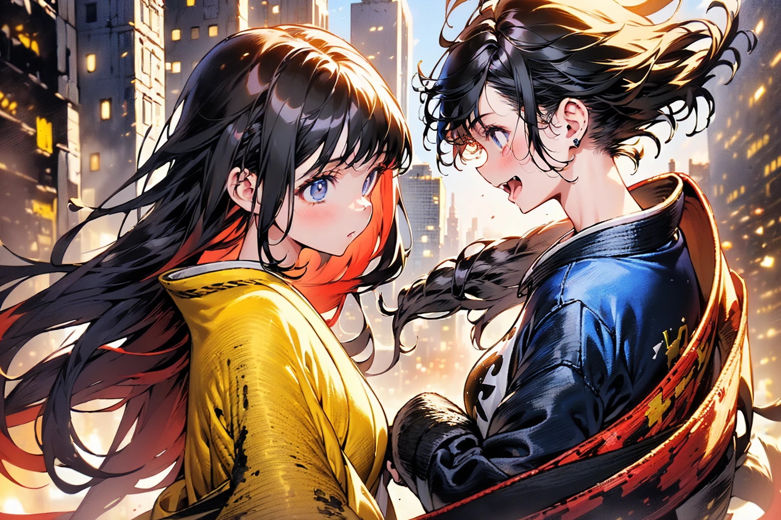 ((1 GIRL)) ((High Resolution)) ((10k,asian girl)), ((Japanese)) (( physically mature female)) (( average sized breasts)), 25-year-old, (( 2d anime girl)), ((short dark-haired)), ((windswept hair)) ((ultra high quality))((flawless))((4k UHD)) ((Best Quality)) ((Daytime)) ((eyes glowing yellow )), wearing a ((black long sleeve shoulderless, blank T-shirt)) wearing ((blue jeans)) and black and yellow sneakers with (((blood splattered))) on it and her face, standing in the street ((facing front and center turned toward the camera)) in a ((ruined city)) filled with ((heavily damaged)) and worn (( tall skyscrapers with gaping holes in their structures while on fire)) and ((crushed vehicles on fire)) ((city in ruins)) and small and ((raging fires all around)) and an ((intimidating)) look on her face.