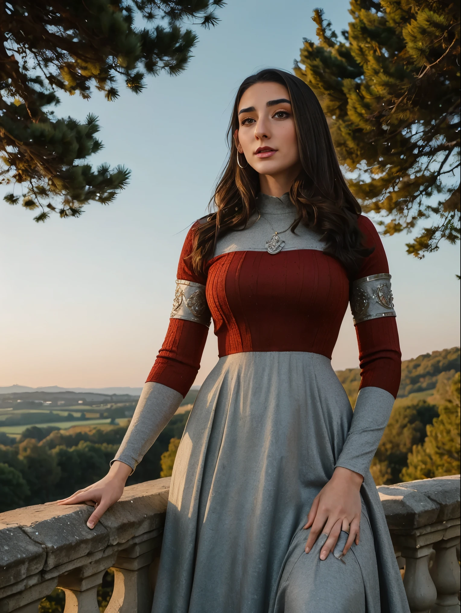 Beautiful and regal, imperious and aloof, busty athletic (thin) brunette queen with sharp facial features wearing a modest updo, dark red medieval dress, long sleeves, intricate patterns, scrollwork, wide neck, crown, veil, long dress, modest dress, tight bodice, (silver waist chain), medieval jewelry, Middle Ages, castle, rampart, wall, exterior, on top of a castle wall, trees, countryside, evening, sunset.