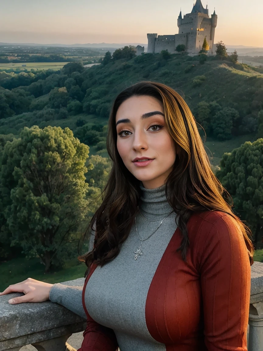 Beautiful and regal, imperious and aloof, busty athletic (thin) brunette queen with sharp facial features wearing a modest updo, dark red medieval dress, long sleeves, intricate patterns, scrollwork, wide neck, crown, veil, long dress, modest dress, tight bodice, (silver waist chain), medieval jewelry, Middle Ages, castle, rampart, wall, exterior, on top of a castle wall, trees, countryside, evening, sunset.
