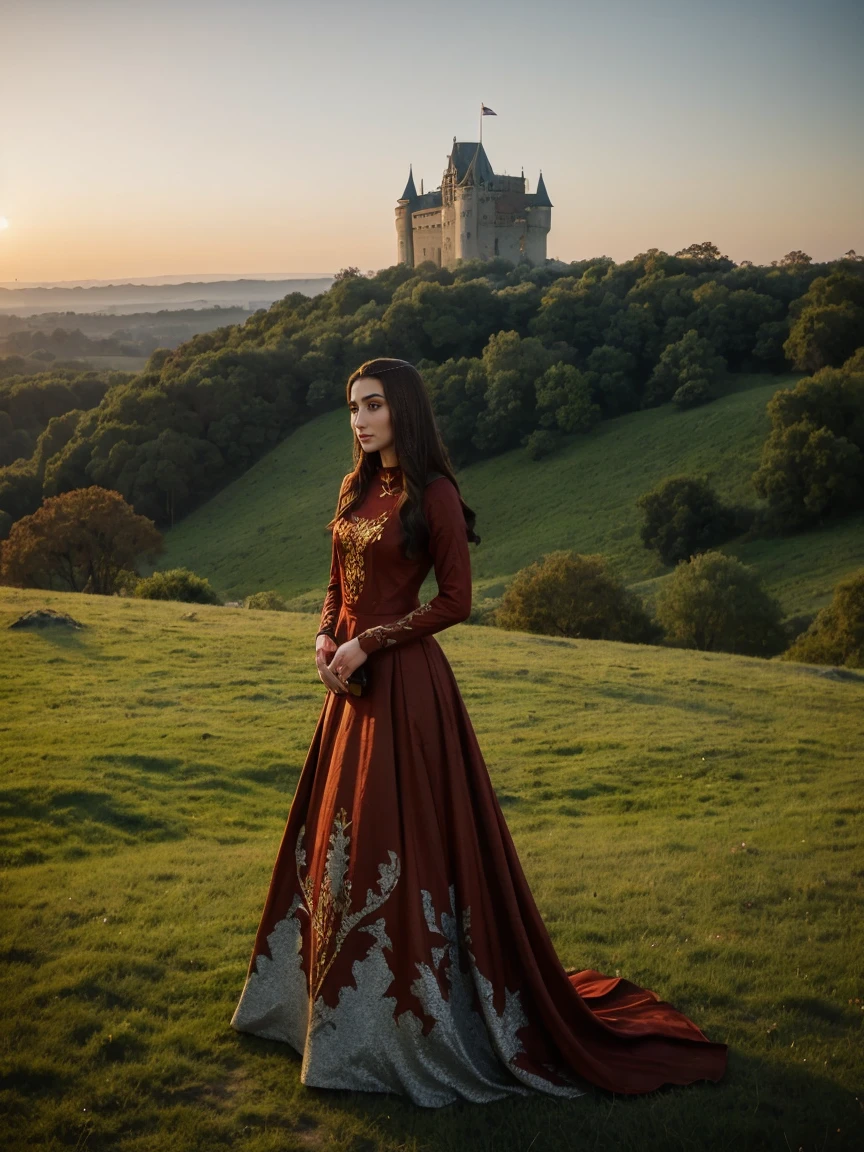 Beautiful and regal, imperious and aloof, busty athletic (thin) brunette queen with sharp facial features wearing a modest updo, dark red medieval dress, long sleeves, intricate patterns, scrollwork, wide neck, crown, veil, long dress, modest dress, tight bodice, (silver waist chain), medieval jewelry, Middle Ages, castle, rampart, wall, exterior, on top of a castle wall, trees, countryside, evening, sunset.