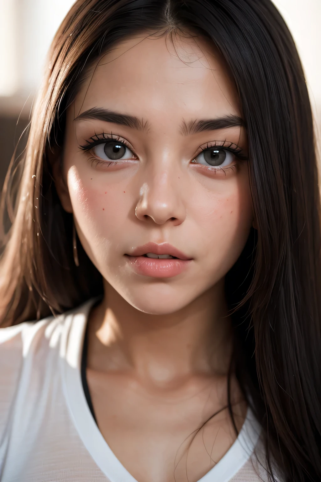 Stunning close-up portrait of a young and beautiful woman with RAW, analog style and impressive features. She should have long, flowing hair, a seductive gaze, and an attractive look. The background is neutral and simple, allowing the woman to be the focal point of the image. Pay attention to details, such as highlights and shadows on her face and hair, to create realistic and realistic images. Experiment with different lighting techniques to enhance the mood and atmosphere of your portrait. The final product should be a masterpiece that captures the essence and beauty of women ((Highly detailed skin, skin details)), Sharp Focus, Volumetric Fog, 8K, UHD, DSLR, High Quality, Film Grain, Fujifilm XT3, Camisole Dress, Hemp Dress, Floral Dress, Short-Term Hair, Disheveled Hair, Antique Cafe Chair, Little smile, rain outside the window, crowd, night, evening, warm light, dark light, blurred light, heavy rain