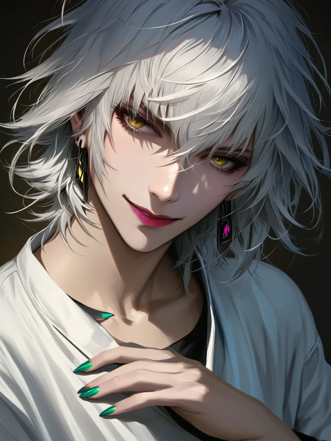 (woman), ((Douman from fate)), masterpiece, best quality, half black half white hair, messy hair, ((short hair)), plain white shirt, green monk attire, dark yellow eyes, realistic anime style, devious smile, ((portrait)), earrings, long colored nails, holdind a dark talisman.