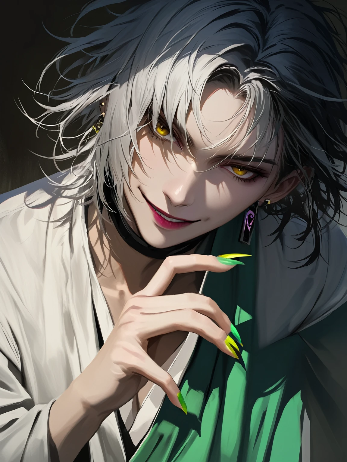 (woman), ((Douman from fate)), masterpiece, best quality, half black half white hair, messy hair, ((short hair)), plain white shirt, green monk attire, dark yellow eyes, realistic anime style, devious smile, ((portrait)), earrings, long colored nails, holdind a dark talisman.