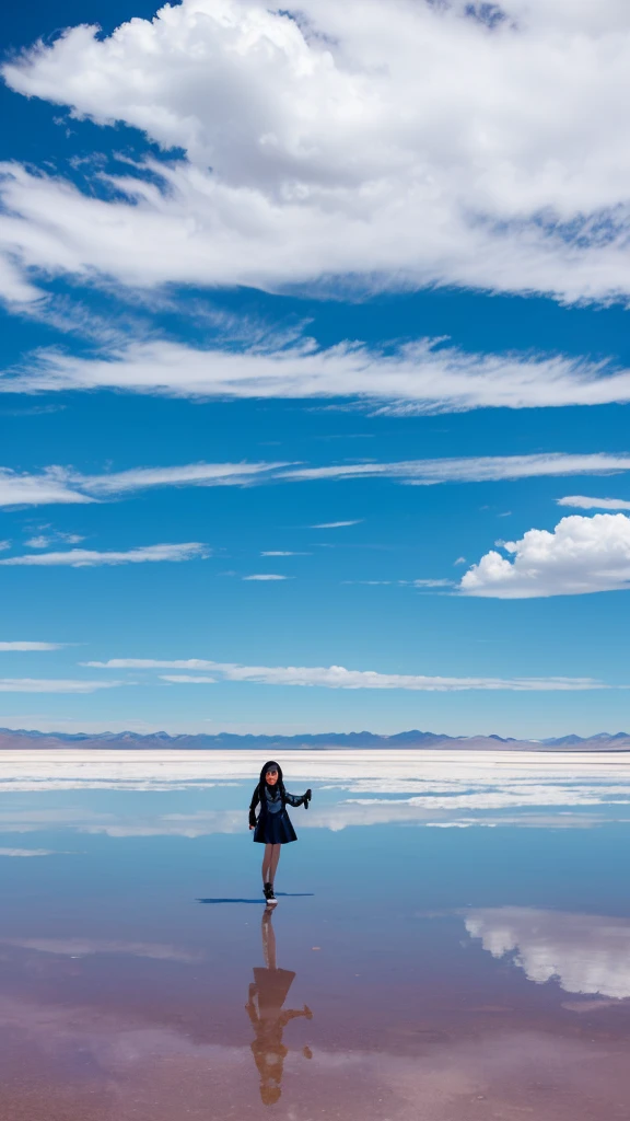 In Salar de Uyuni、Girl Standing On The Surface of the Water、Blue sky、White cloud、クロップド丈のタンクトップ、ショートパンツ、
