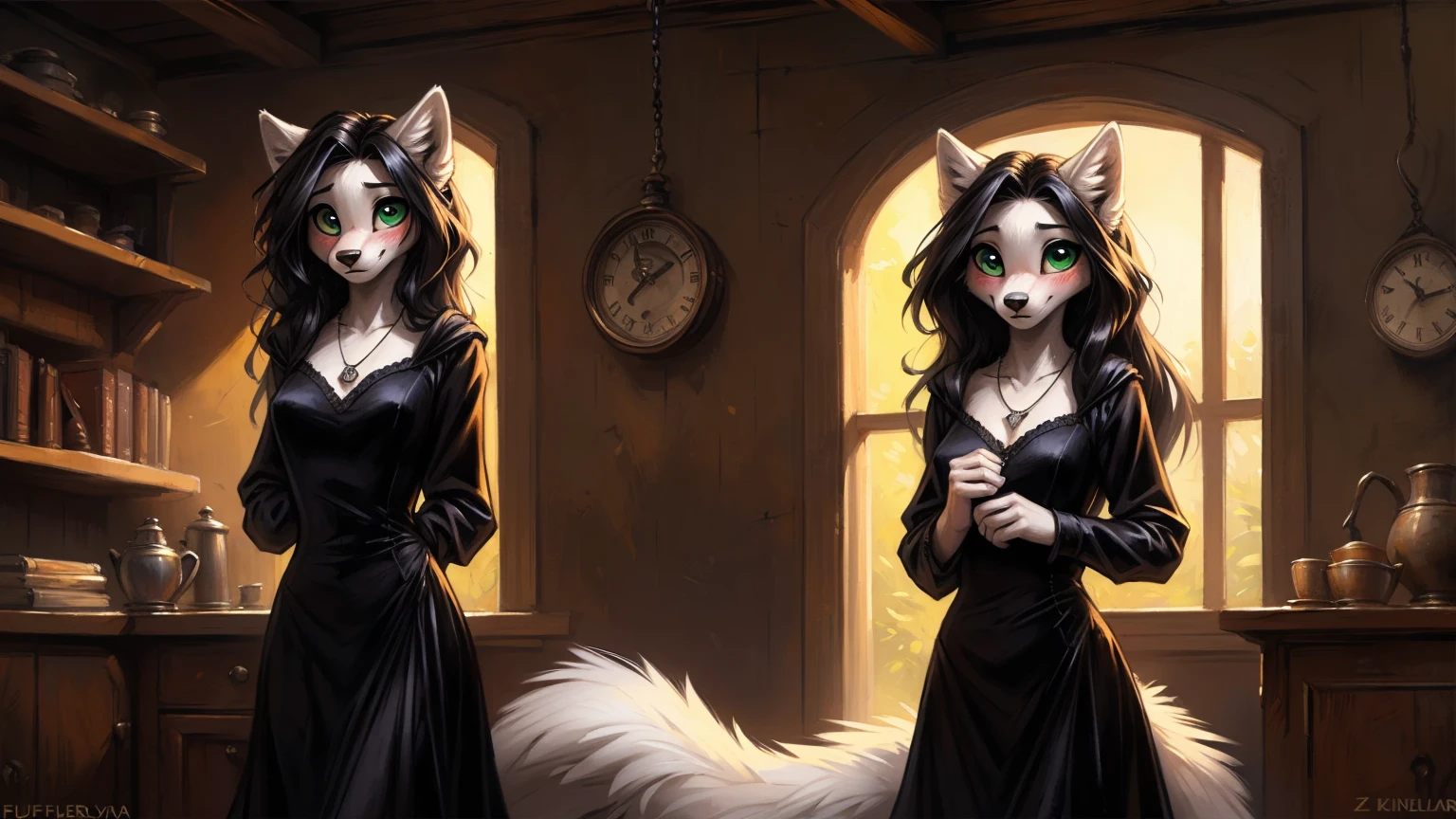 ((( white wolf ))), ((female)) sexy, uploaded to E621, beautiful and professional detailed of a anthropomorphic white wolf, ((A long, black velvet dress with thoughtfully tattered details and a necklace inscribed with an "M")) (( Morticia Addams )) (( Addams family house)), uploaded to E621, ((by fluff-kevlar, by Zackary911, by Kenket, by Kilinah, by fluff-kevlar)), detailed large green eyes, medium breast, large fluffy tail, slim toned body, ager ((18years)), ((big eyes)) solo, alarmed, surprised, skinny, extremely shy, (( embarrassed blush, front view))