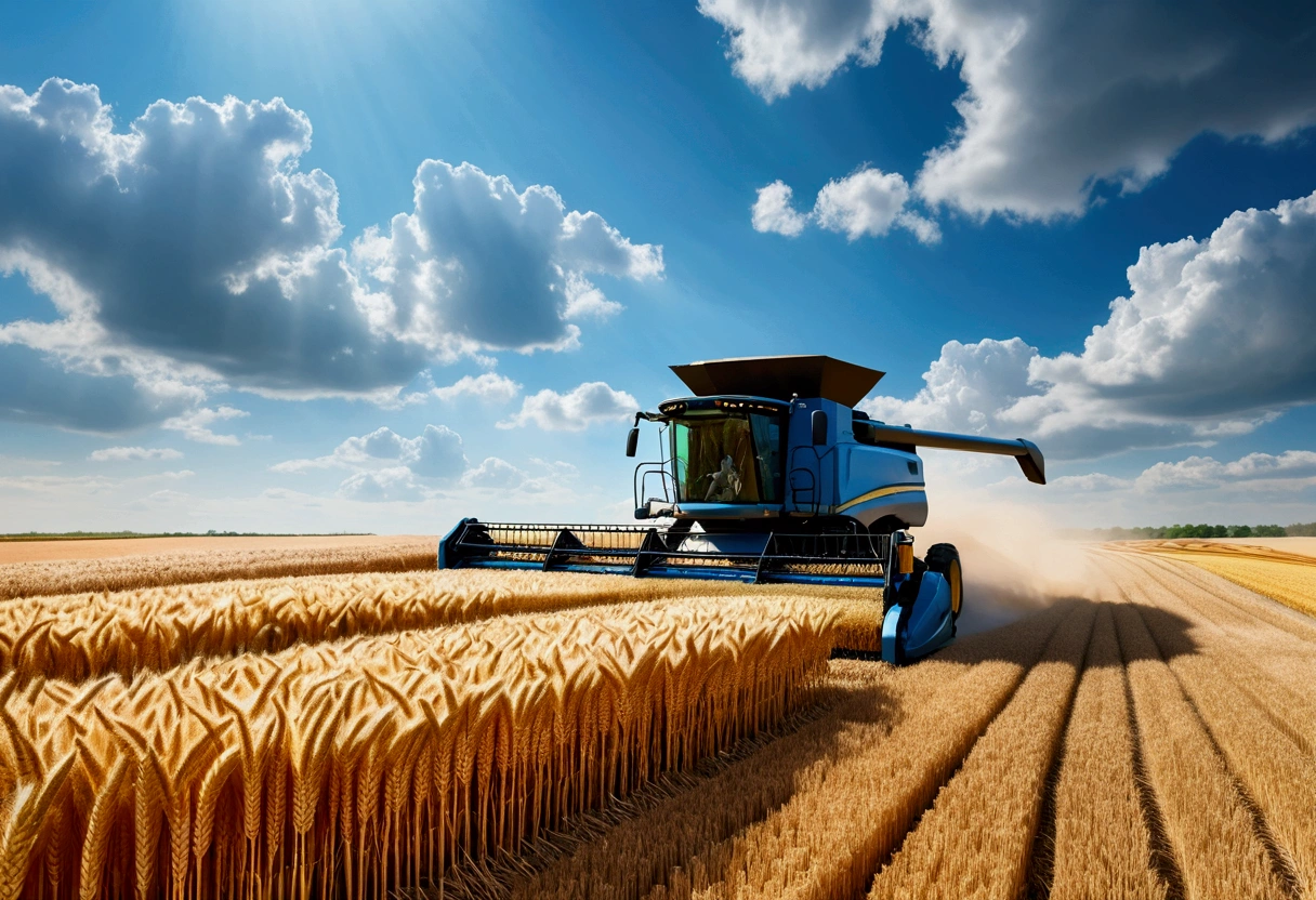 work of art, best qualityer, (Very detailed 8k unified CG wallpaper) (best qualityer), (best illustration), (best shade) naturally harvested wheat, super verbose, harvester, white clouds, blue sky, no human --v6
