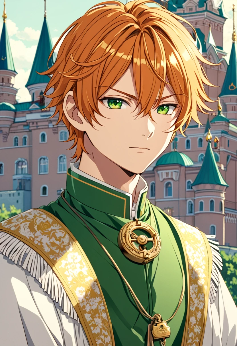 Anime boy (character: Akito Shinonome), orange messy hair, fringe reparted in three parts with a yellow lock of hair on the middle, light and bright green eyes, vintage royal Russian clothes, Russian castle background