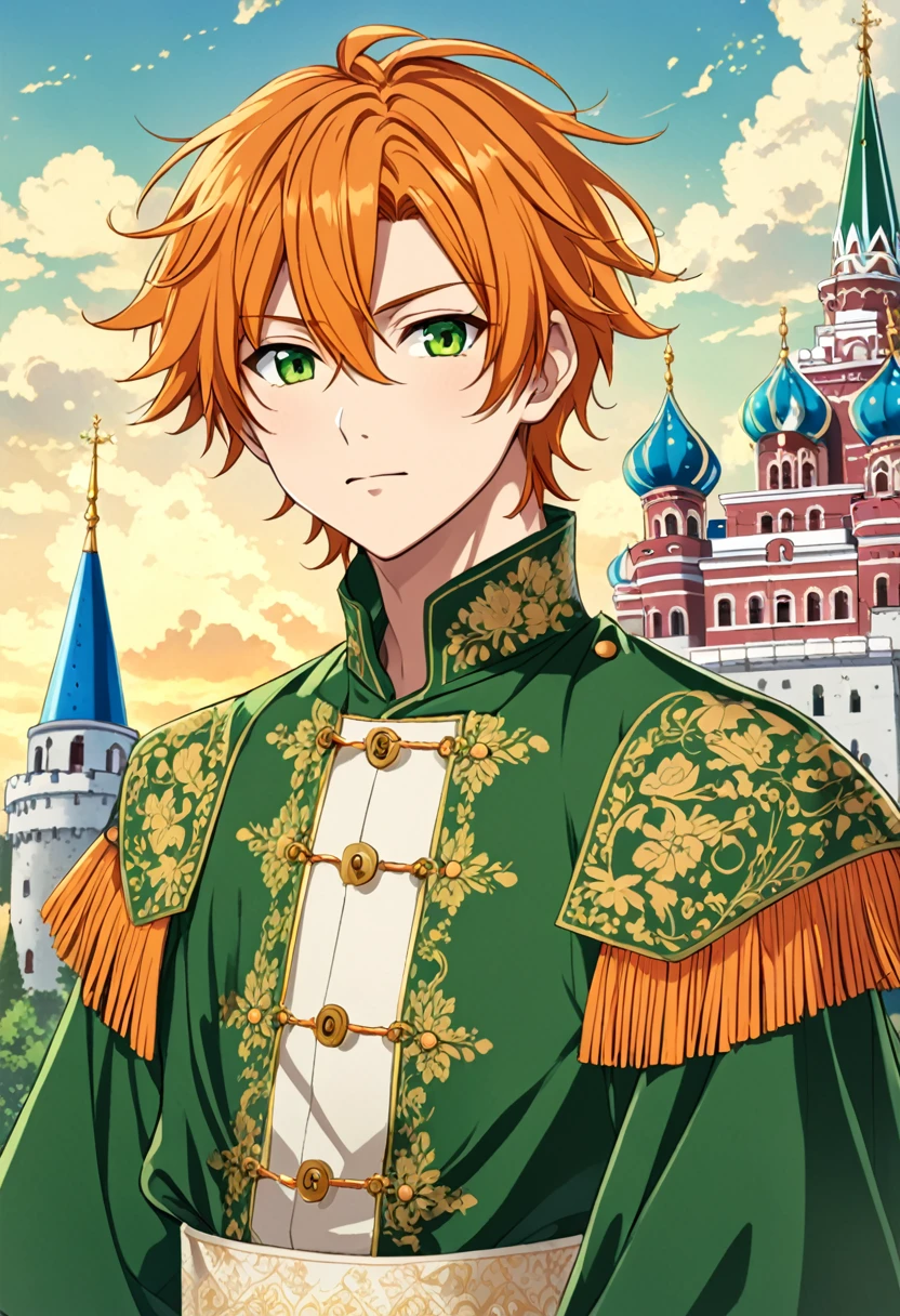 Anime boy (character: Akito Shinonome), orange messy hair, fringe reparted in three parts with a yellow lock of hair on the middle, light and bright green eyes, vintage royal Russian clothes, Russian castle background