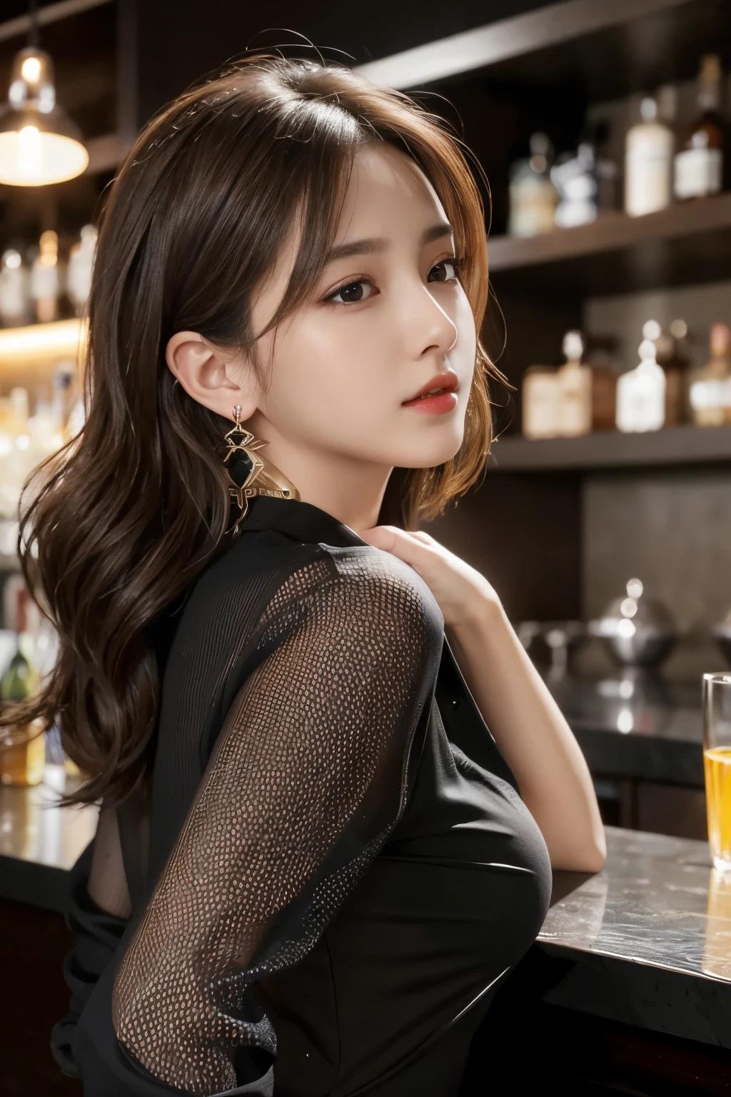 masterpiece, highest quality, Realistic, Very detailed, Finer details, High resolution, 8k wallpaper, One beautiful woman, Wear a black see-through shirt, A great bar counter, At night, Light brown messy hair, Perfect dynamic composition, Beautiful and beautiful eyes、Big earrings、Back view、
