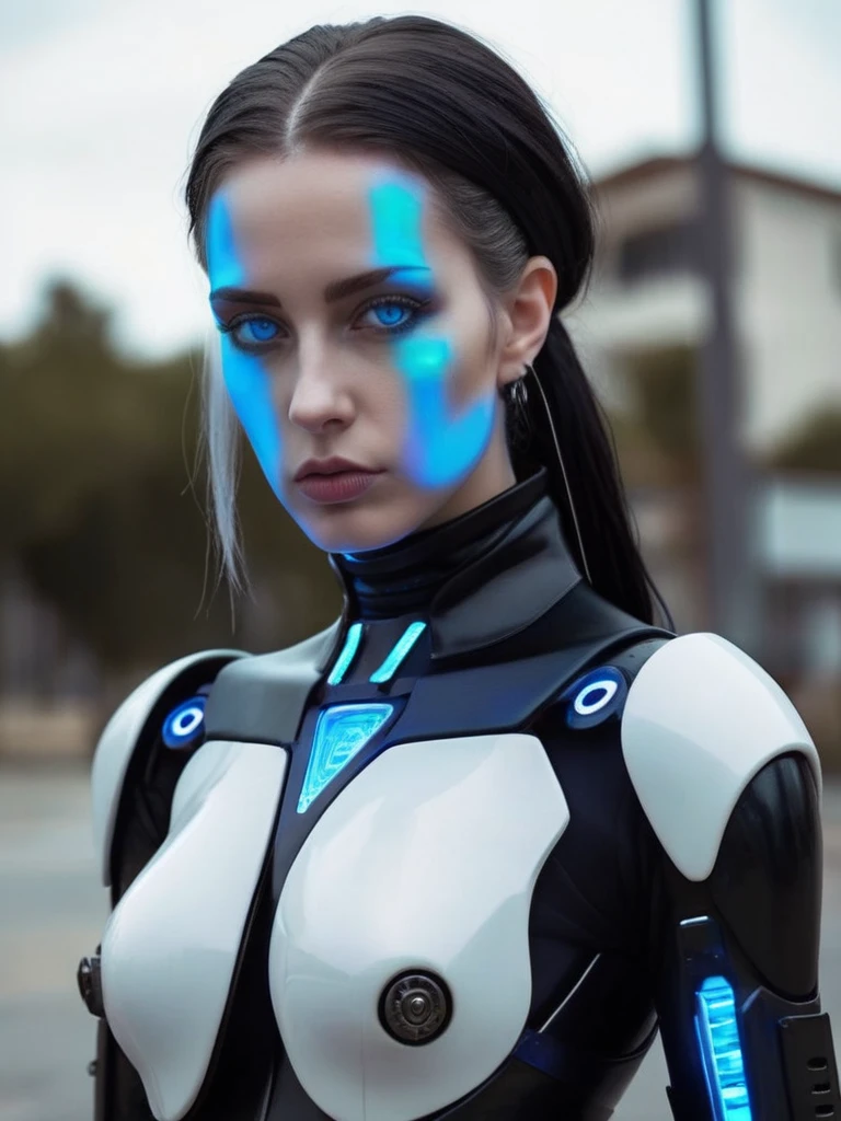 ral-opal, meahophontron, Beautiful cyberpunk ROBOT ARMOR woman, futurist, blue eyes, cyberpunk, Ropa Monja is sexy, negro, looking to the camera, nun clothes, cuerpo primer plano looking to the camera, realist, Beautiful woman, Cara sexy, black and white clothes. (FOTO PALACIO futurist CON NEONES AZULES)
