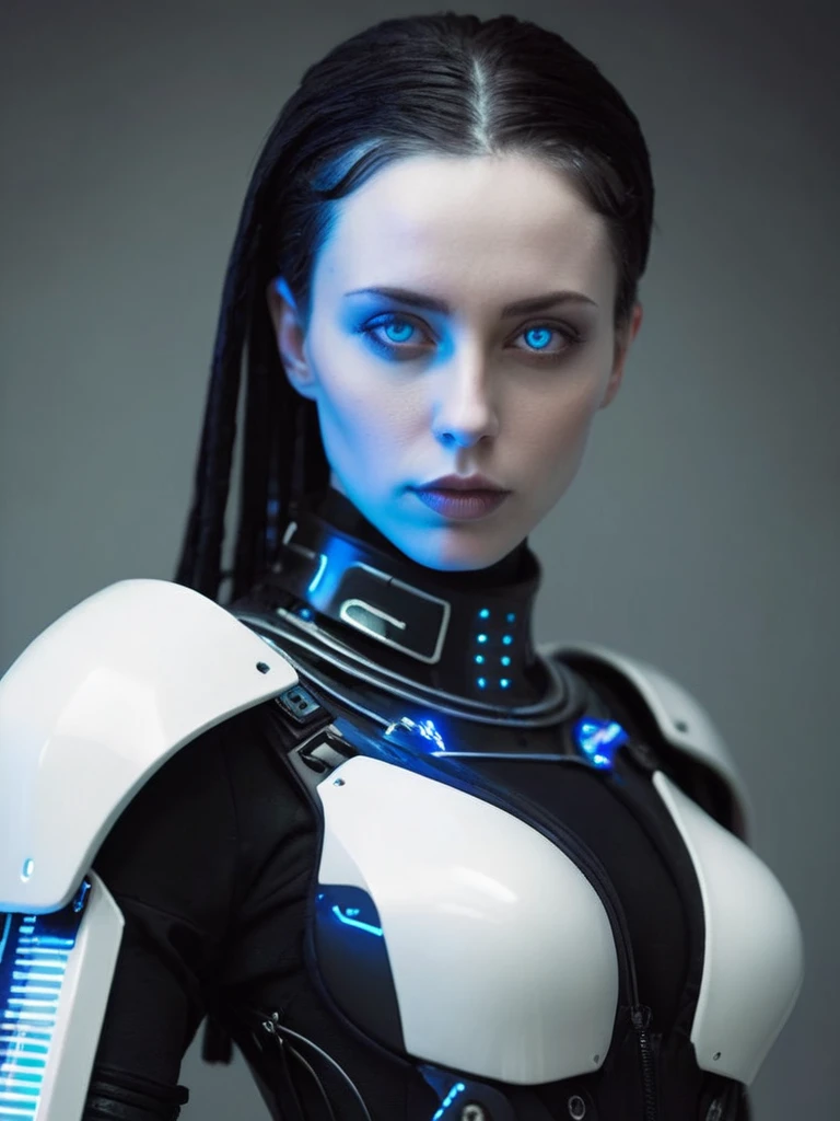 ral-opal, meahophontron, Beautiful cyberpunk ROBOT ARMOR woman, futurist, blue eyes, cyberpunk, Ropa Monja is sexy, negro, looking to the camera, nun clothes, cuerpo primer plano looking to the camera, realist, Beautiful woman, Cara sexy, black and white clothes. (FOTO PALACIO futurist CON NEONES AZULES)