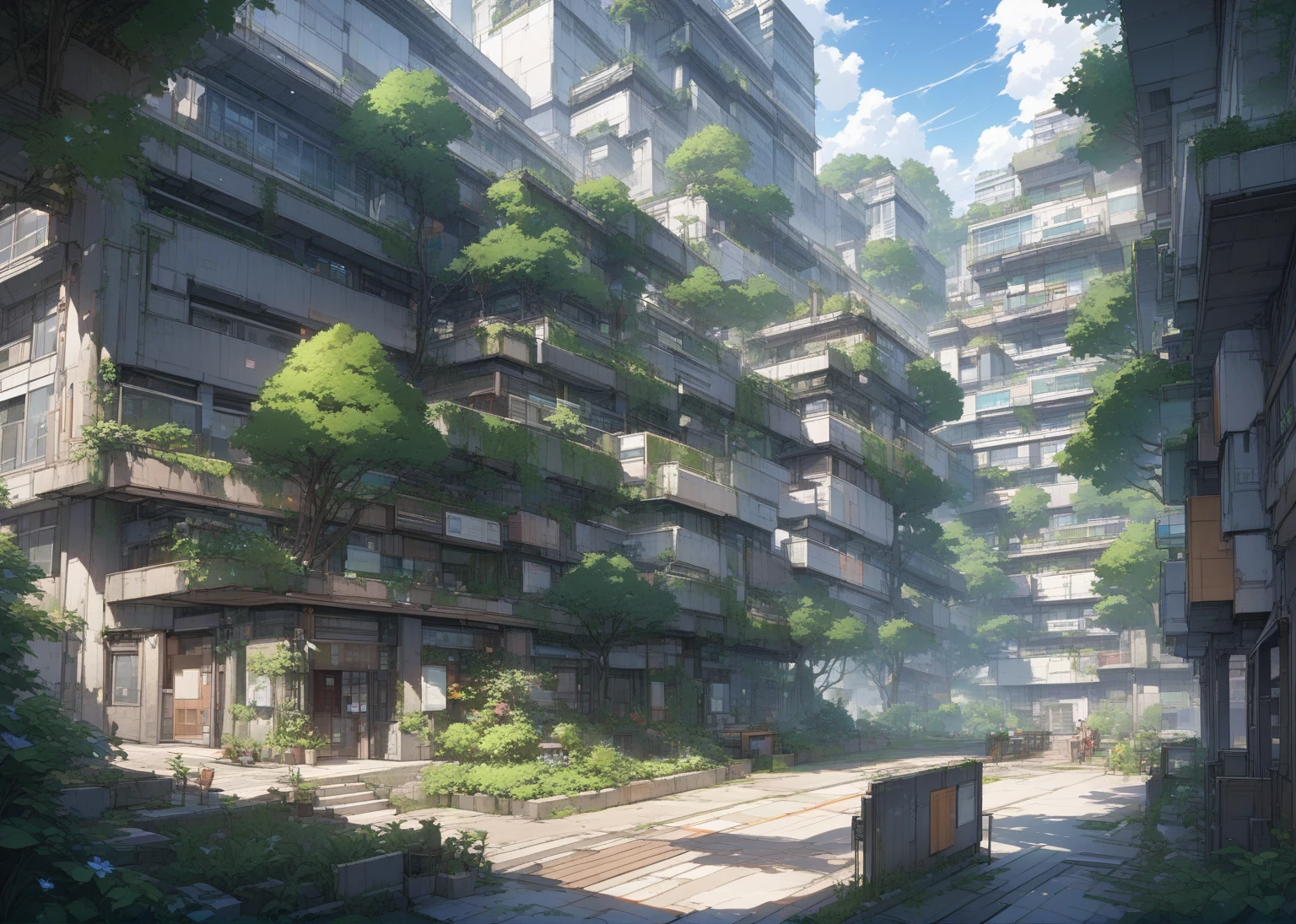 ((background only)),masterpiece, best quality, extremely detailed, ultra detailed, flat anime, 2D,
summer, 11AM, high school,A detailed line drawing of a modern urban building complex, featuring a multi-story structure with numerous windows and a gated entrance. The scene includes trees and foliage, adding a touch of nature to the urban setting. The perspective showcases the architectural design and the surrounding environment, emphasizing the contrast between the structured building and the organic shapes of the trees.