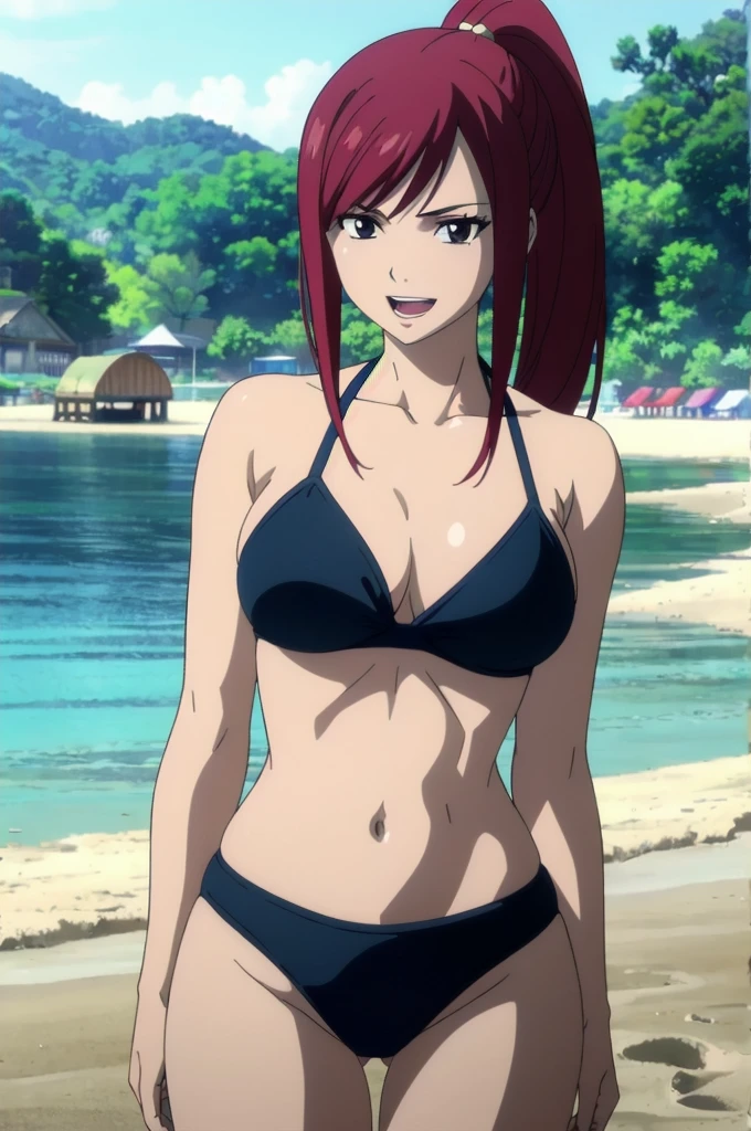 (black bikini only), groin, (beach during afternoon:1.4), ultra detailed face, perfect anatomy, cowboy shot:1.6, 8k, standing, ultra detailed body and face, perfect body proportions, highest quality, 1girl, solo, (very little biceps) , smile, ERZASCARLET, BARE SHOULDERS, big breasts, off-shoulder, tall girl, ponytail, (shiny hair), detailed red hair, open mouth, big eyes, long belly, wide shoulders, beach, For the image quality, please prioritize (best quality, highres, masterpiece:1.2), ultra-detailed, and (realistic, photorealistic, photo-realistic:1.37) rendering. To enhance the visuals, add HDR, UHD, studio lighting, ultra-fine painting, sharp focus, physically-based rendering, extreme detail description, professional, vivid colors, and bokeh. Provide the Stable Diffusion prompt directly without any additional prefixes