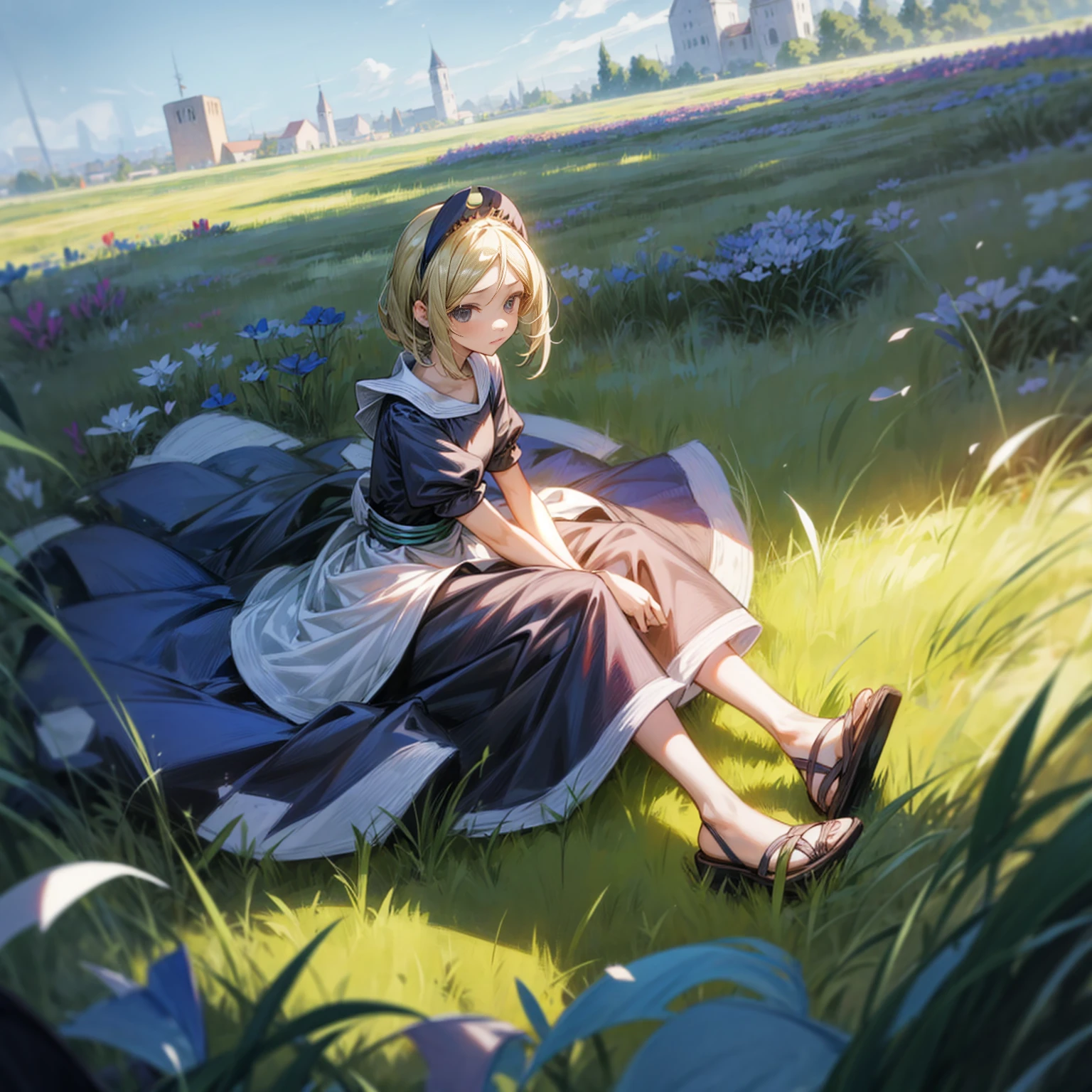 1childern girl, Full body version, 1character, black eyes, long Frizzy haircut, blue colour hair, maid clothing, long dress clothing, headband, sandals, Grassroots, full background in field town, motion blur, lighting, (one piece art), sitting poses,