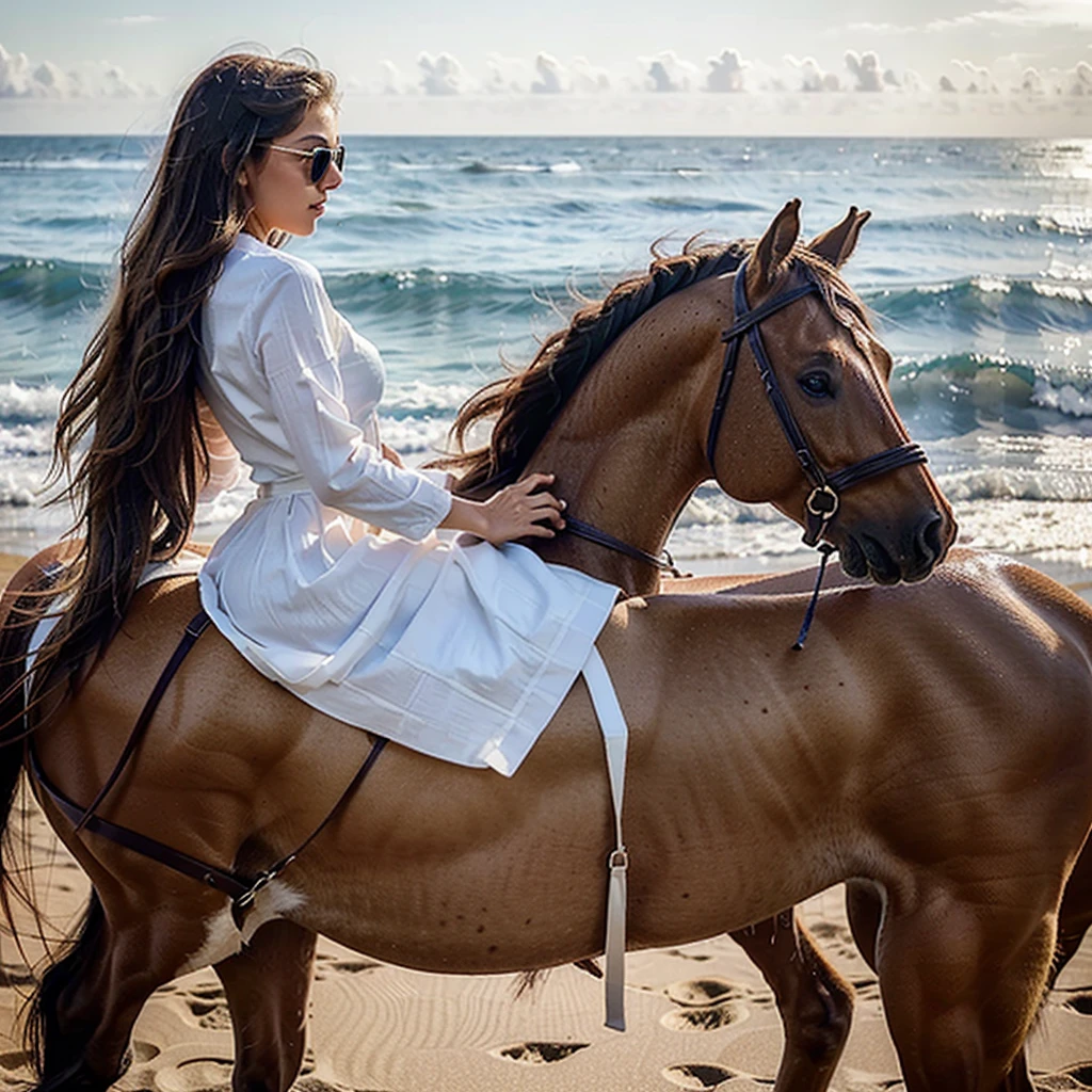 Create a very realistic and beautiful model with the following detailed features: Gender: Female, Age: Young adult (approximately 20-25 years old), Hair: Long, wavy and reddish with a natural shine, gently cascading around the shoulders and back back. . . . . . . . . . . . . . . , Eyes: Bright green with a captivating, slightly almond-shaped look, detailed with natural highlights, Skin: Fair complexion with a light texture, including natural freckles on the nose and cheeks, giving a youthful and vibrant appearance: Fair complexion with a light texture, including natural freckles on the nose and cheeks, giving a youthful and lively appearance, Face: with a smooth and natural contour, soft and full lips with a slight pinkish tint and a slightly delicate upturned nose, Expression : a sweet face, with a touch of mischief, which transmits warmth and accessibility,
Clothing: in a white dress and sunglasses, wearing a white dress, a white dress, a white dress, a white dress and glasses, a simple white dress, a silky white dress, fashionable white clothes, a Girl in white dress, wears white clothes, Girl in white dress, smooth white bodycon dress, wears elegant outfit, haute couture chic, All white, a realistic scene featuring a woman riding a horse on a beach, She is sits gracefully in the saddle in a relaxed posture, his hands gently holding the reins. The horse, a majestic brown stallion with a smooth, shiny coat, trots along the shore, its mane flowing in the wind. The scene takes place at sunset, with the sky painted in warm hues of orange, pink and purple, Waves gently lap the shoreline, and in the background you can see the endless expanse of ocean meeting the horizon, The beach is sparsely populated, with only a few distant figures visible, adding to the serene and peaceful atmosphere, The footprints of the horse and rider are visible in the wet sand, creating a sense of movement and direction.. aesthetic, Unsplash, Neoclassicism, Complex background, Best quality, h