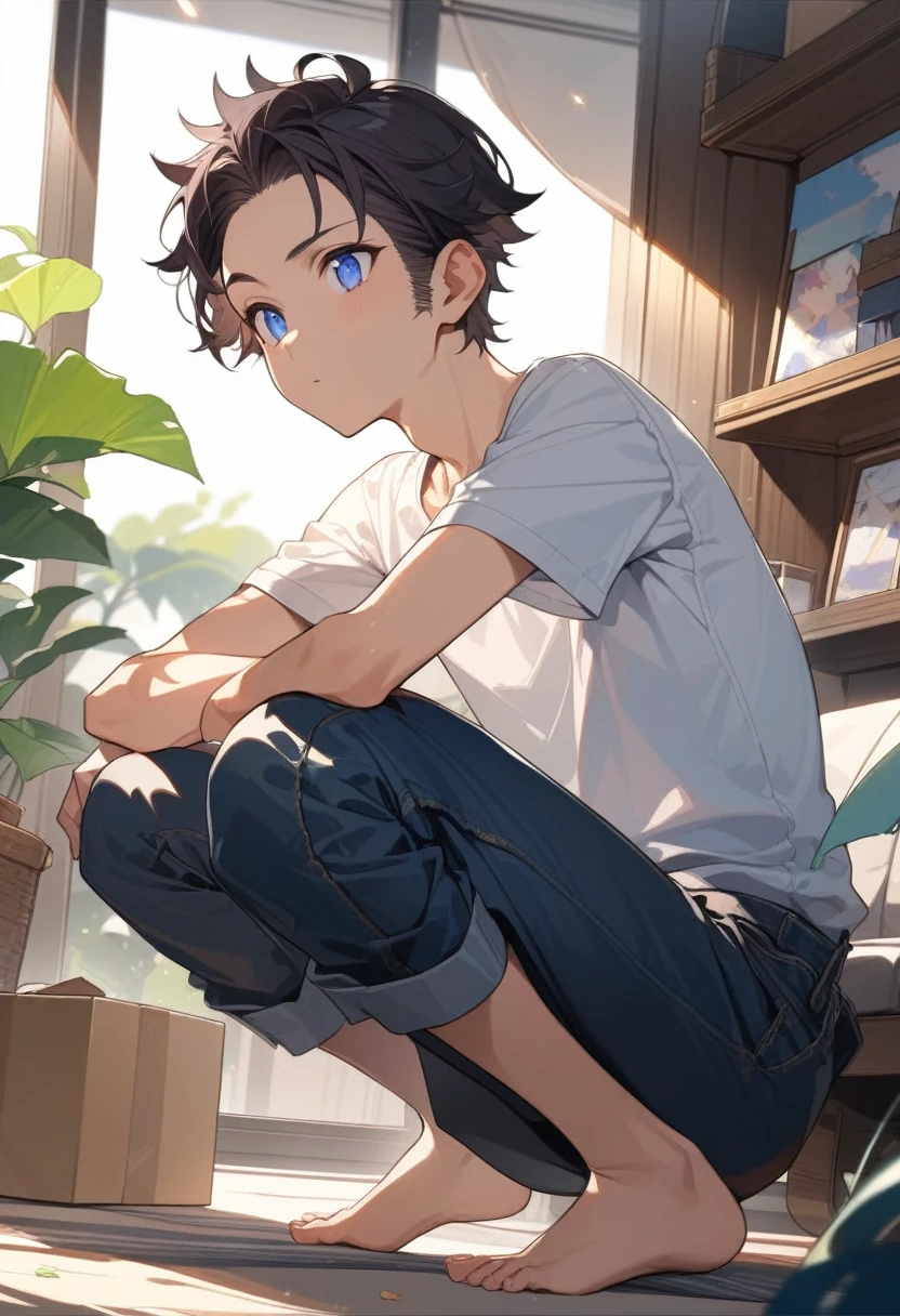 masterpiece, best quality, extremely detailed, ultra detailed, flat anime, 2D, ((1boy)),black hair, (short hair:1.5),blue eyes, height 1.7meters, (circle eyes:1.2), (young adult:1.2), Ear-length sideburns, long Sleeves, White T-shirt, barefoot, ((short sleeves)), ((long pants)), squatting, open mouth, summer, 12AM, livingroom,organizing the boxes., ((portrait)),full body,expressionless