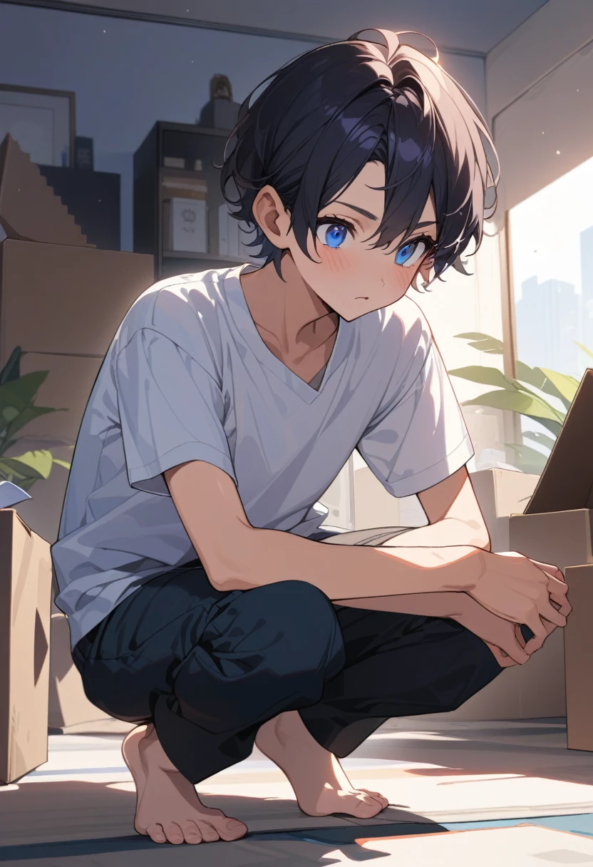 masterpiece, best quality, extremely detailed, ultra detailed, flat anime, 2D, ((1boy)),black hair, (short hair:1.5),blue eyes, height 1.7meters, (circle eyes:1.2), (young adult:1.2), Ear-length sideburns, long Sleeves, White T-shirt, barefoot, ((short sleeves)), ((long pants)), squatting, open mouth, summer, 12AM, livingroom,organizing the boxes., ((portrait)),full body,expressionless