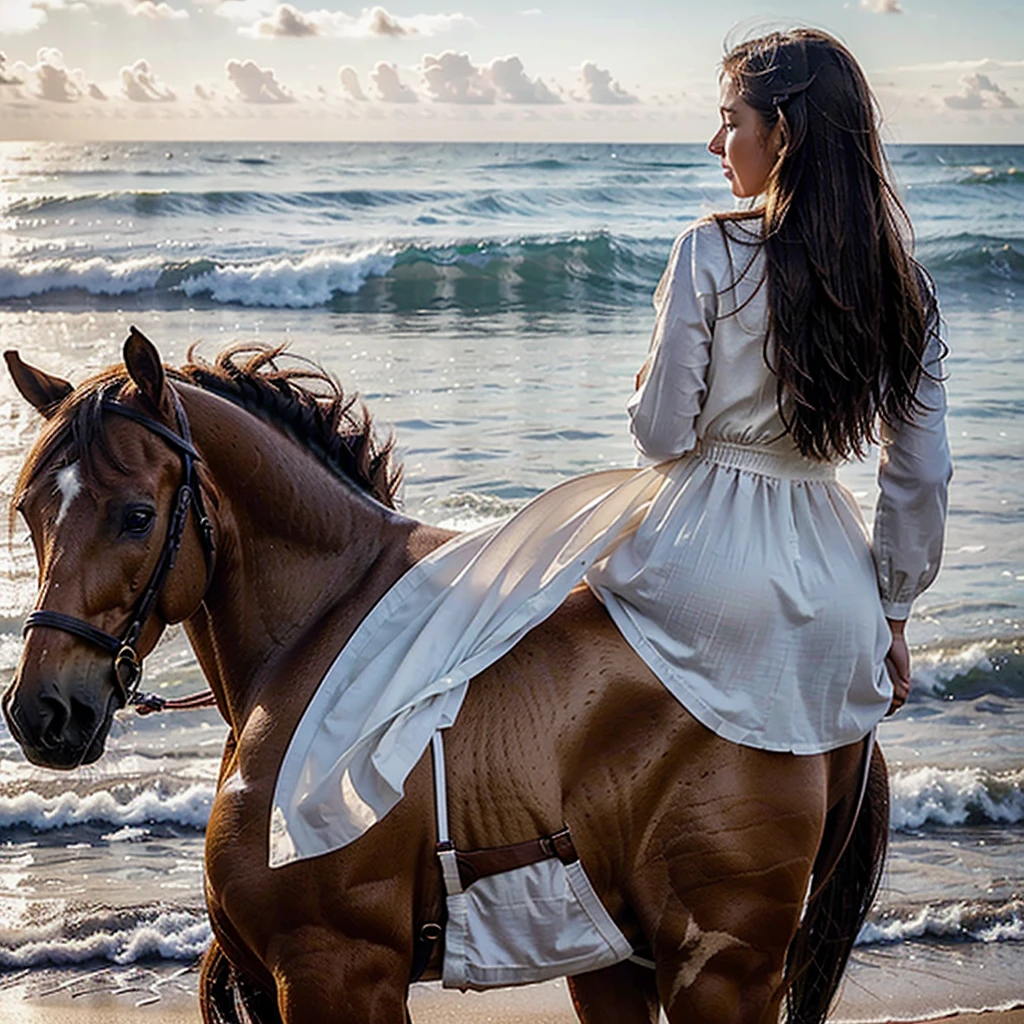 Create a very realistic and beautiful model with the following detailed features: Gender: Female, Age: Young adult (approximately 20-25 years old), Hair: Long, wavy and reddish with a natural shine, gently cascading around the shoulders and back back. . . . . . . . . . . . . . . , Eyes: Bright green with a captivating, slightly almond-shaped look, detailed with natural highlights, Skin: Fair complexion with a light texture, including natural freckles on the nose and cheeks, giving a youthful and vibrant appearance: Fair complexion with a light texture, including natural freckles on the nose and cheeks, giving a youthful and lively appearance, Face: with a smooth and natural contour, soft and full lips with a slight pinkish tint and a slightly delicate upturned nose, Expression : a sweet face, with a touch of mischief, which transmits warmth and accessibility,
Clothing: in a white dress and sunglasses, wearing a white dress, a white dress, a white dress, a white dress and glasses, a simple white dress, a silky white dress, fashionable white clothes, a Girl in white dress, wears white clothes, Girl in white dress, smooth white bodycon dress, wears elegant outfit, haute couture chic, All white, a realistic scene featuring a woman riding a horse on a beach, She is sits gracefully in the saddle in a relaxed posture, his hands gently holding the reins. The horse, a majestic brown stallion with a smooth, shiny coat, trots along the shore, its mane flowing in the wind. The scene takes place at sunset, with the sky painted in warm hues of orange, pink and purple, Waves gently lap the shoreline, and in the background you can see the endless expanse of ocean meeting the horizon, The beach is sparsely populated, with only a few distant figures visible, adding to the serene and peaceful atmosphere, The footprints of the horse and rider are visible in the wet sand, creating a sense of movement and direction.. aesthetic, Unsplash, Neoclassicism, Complex background, Best quality, h