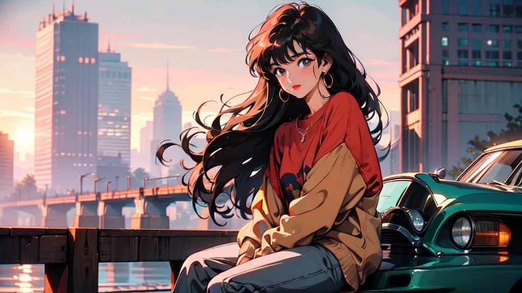 One brown woman、sitting in the city、Wearing cool sneakers、